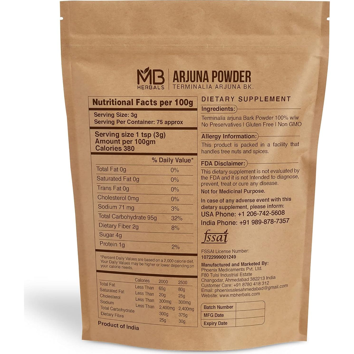 Polvo de Arjuna Orgánico MB Herbals 227g - Antioxidante