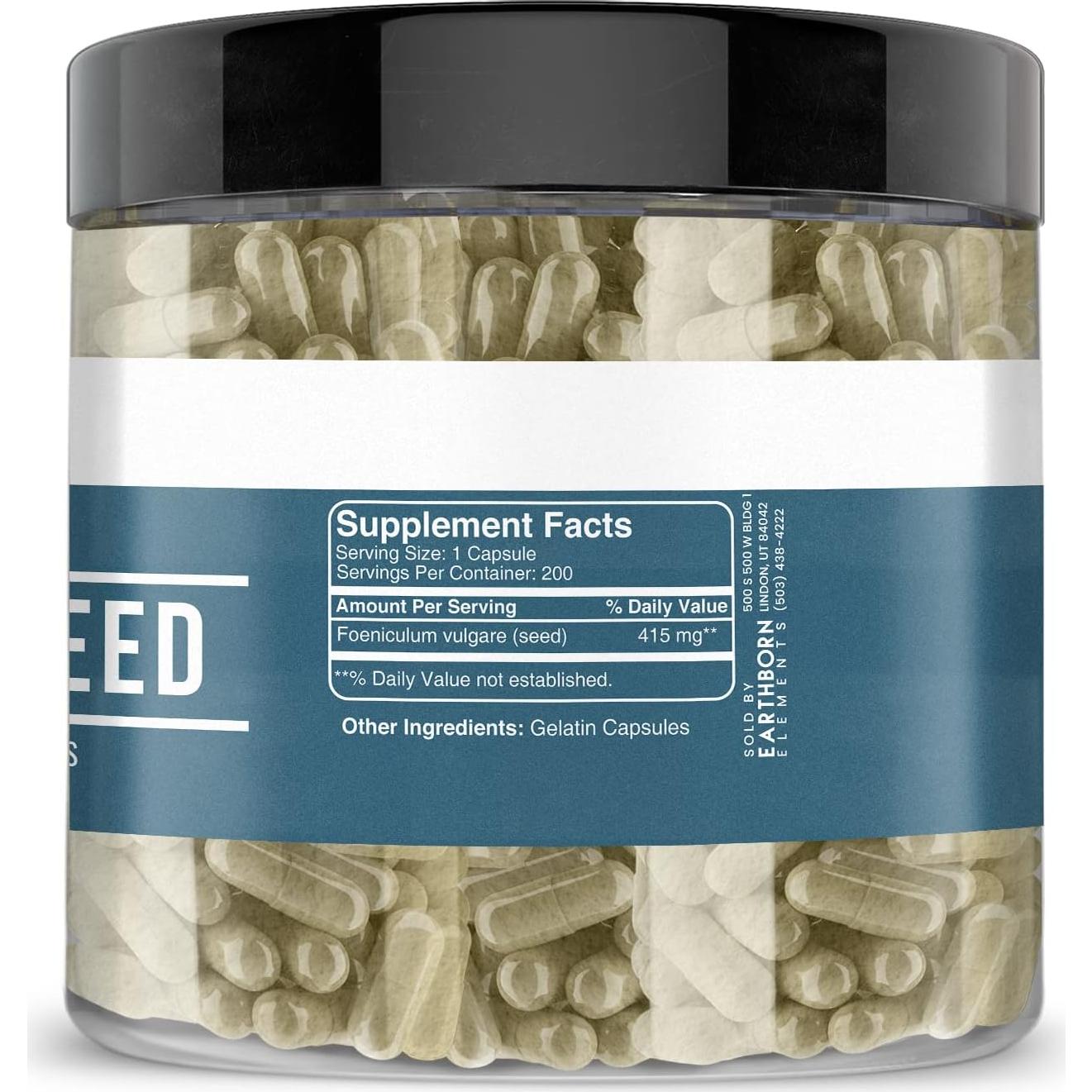 Semilla de Hinojo Earthborn Elements 200 Cápsulas Puras Sin Aditivos