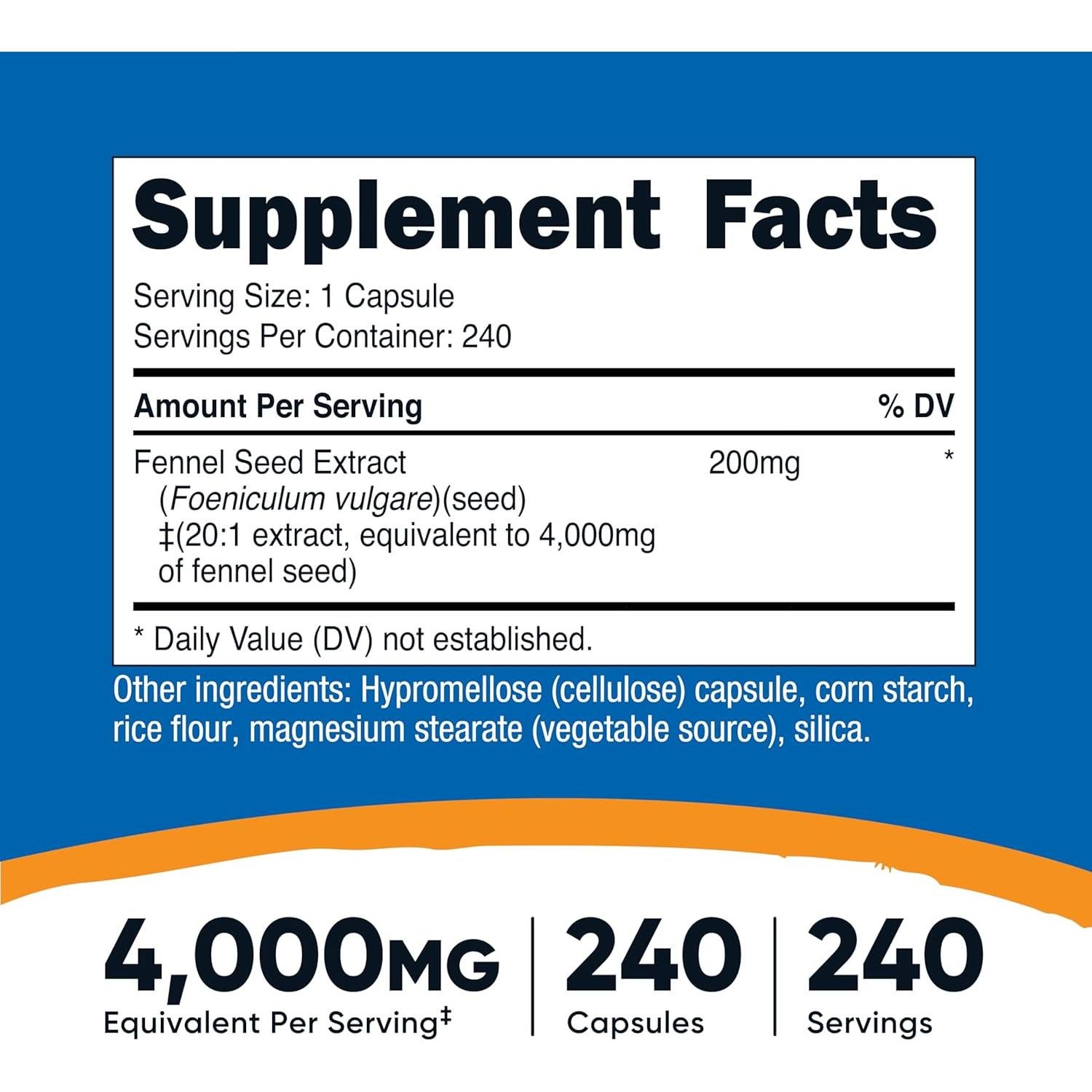 Suplemento Vegano de Semilla de Hinojo Nutricost 240 Cápsulas