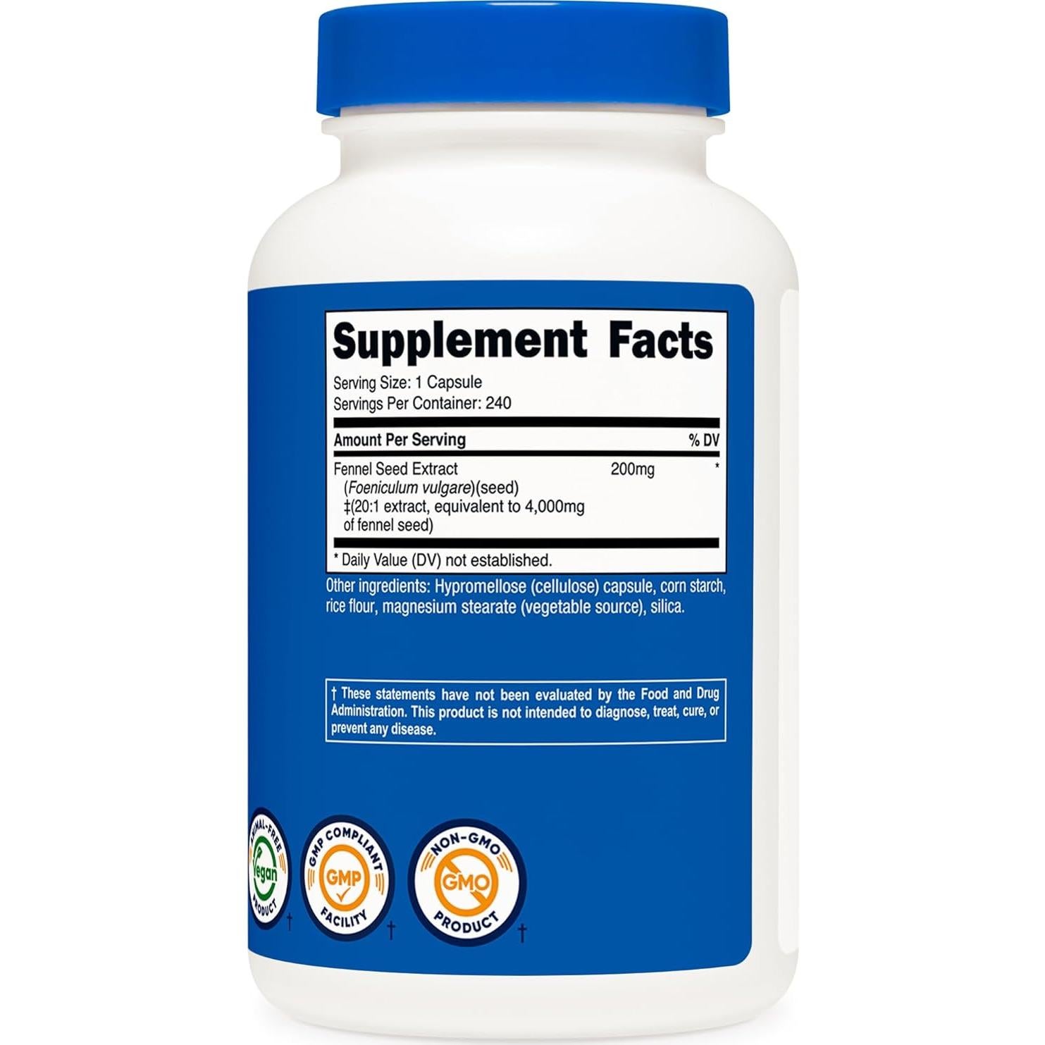 Suplemento Vegano de Semilla de Hinojo Nutricost 240 Cápsulas