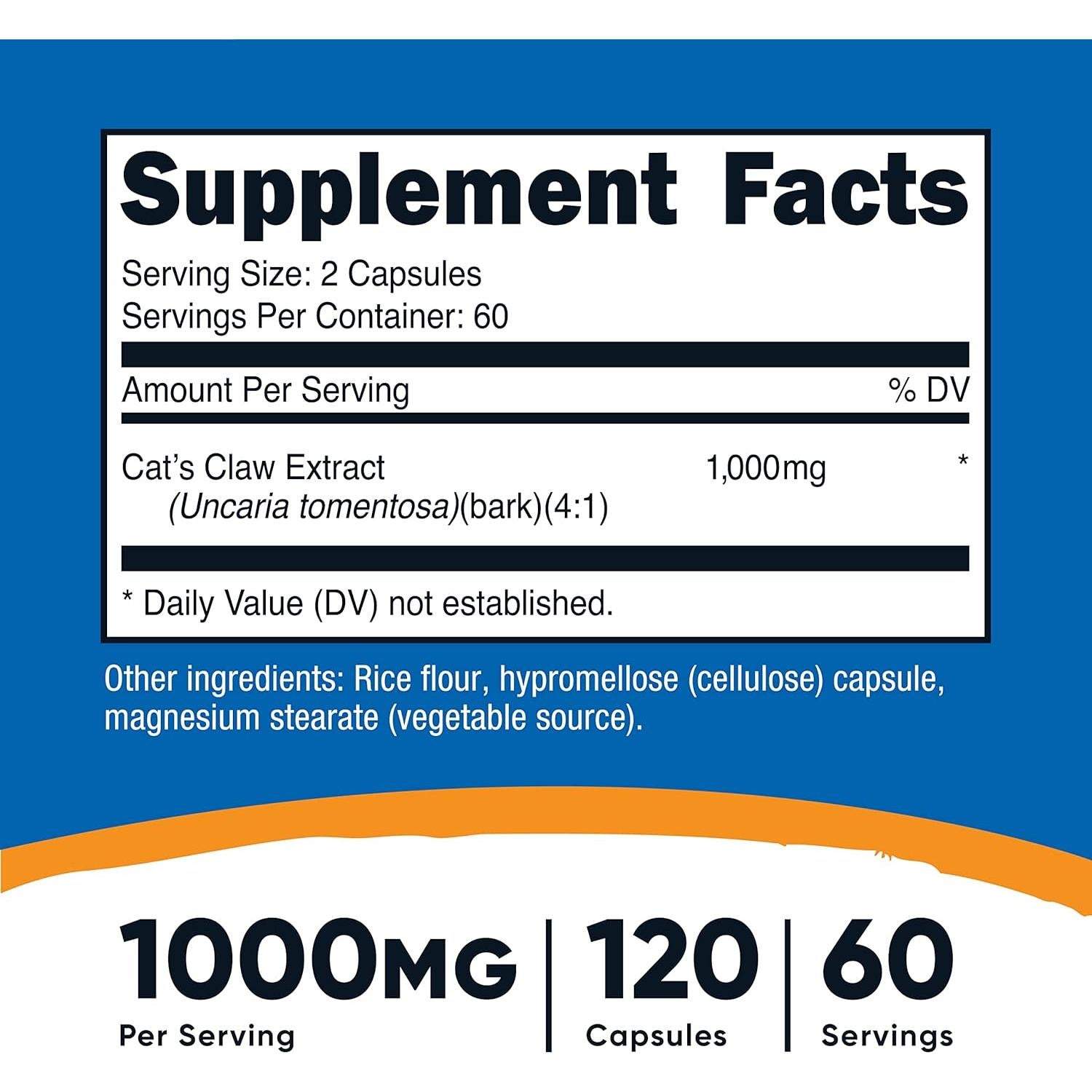 Garra de Gato Nutricost 1000mg - 120 Cápsulas Vegetarianas