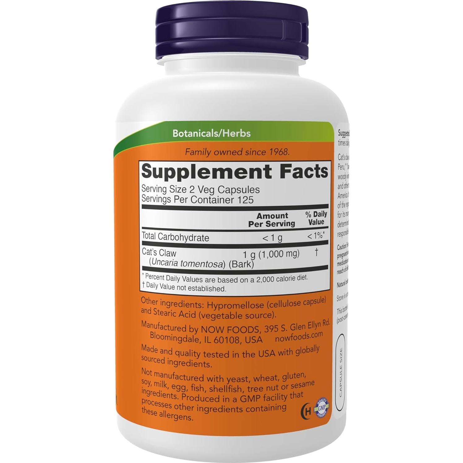 Suplemento Herbal Uña de Gato NOW 500 mg 250 Cápsulas