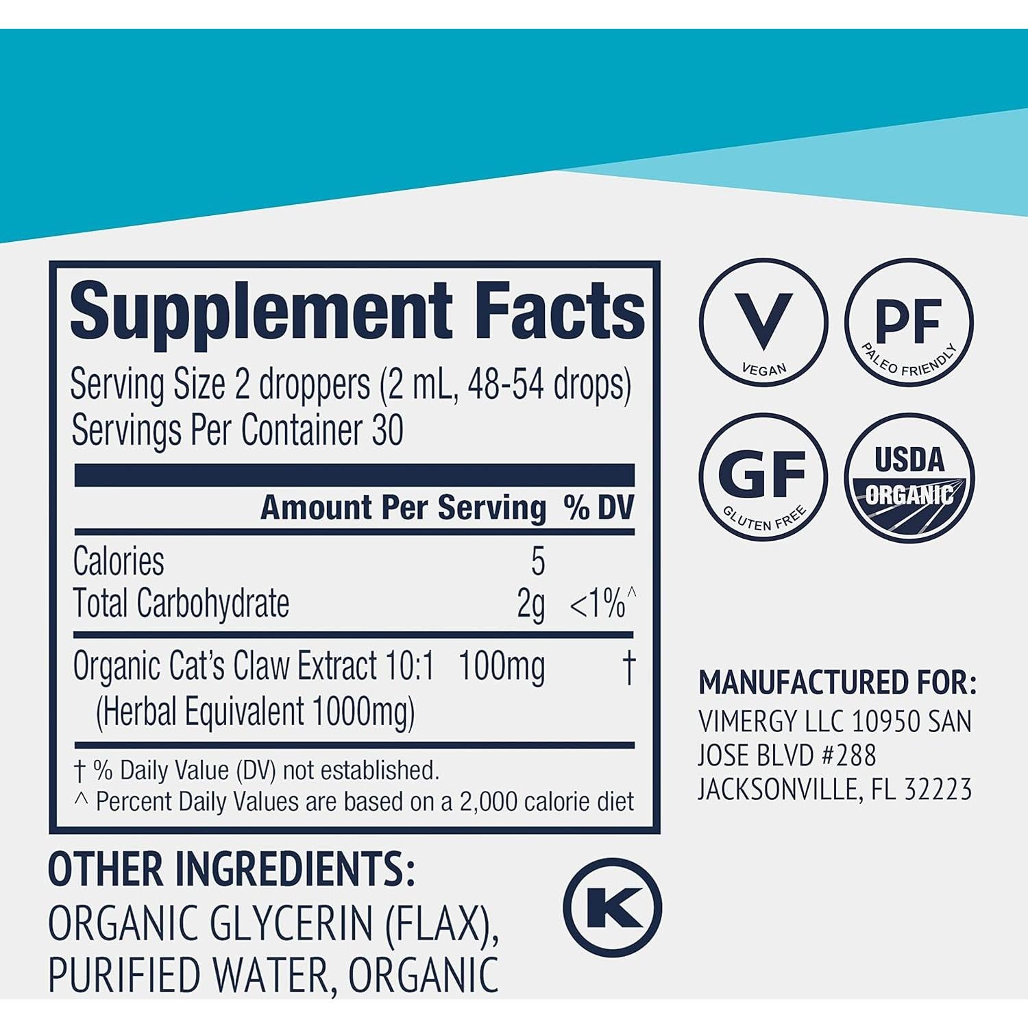 Vimergy Gato de Claw Líquido Orgánico 55 ml - Antioxidante Inmunológico