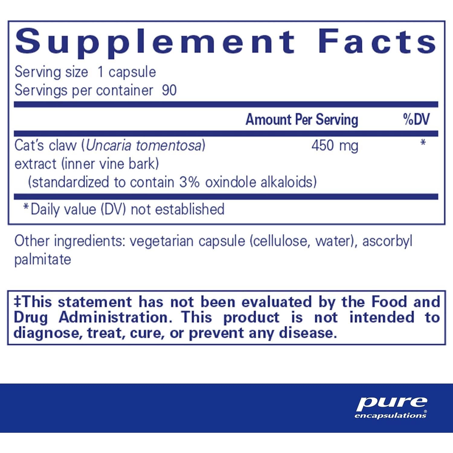 Suplemento Uña de Gato Pure Encapsulations 90 Cápsulas