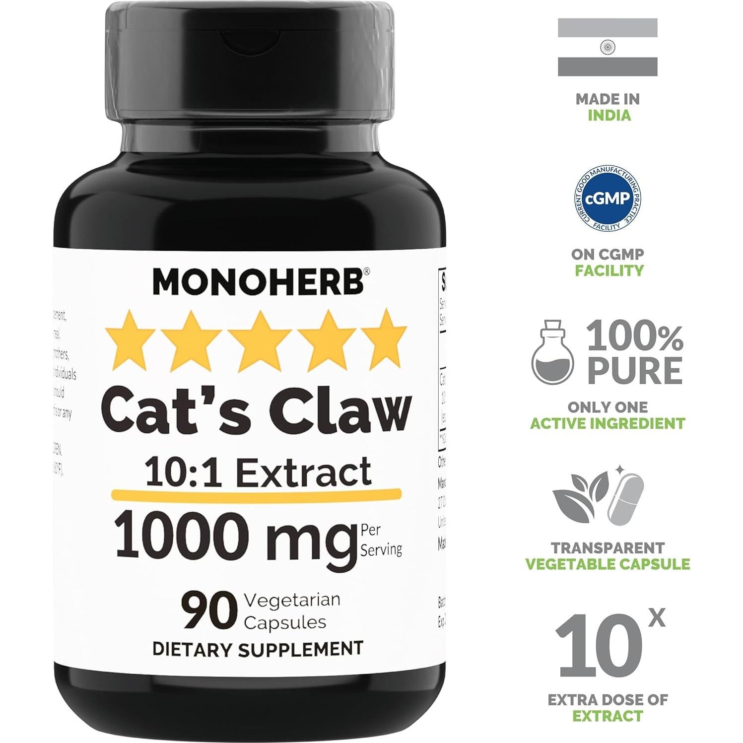 Extracto de Uña de Gato Monoherb 1000 mg - 90 Cápsulas Vegetarianas