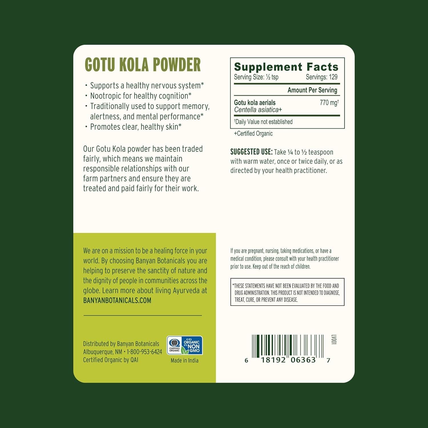 Polvo de Gotu Kola Orgánico Banyan Botanicals 82.99 g