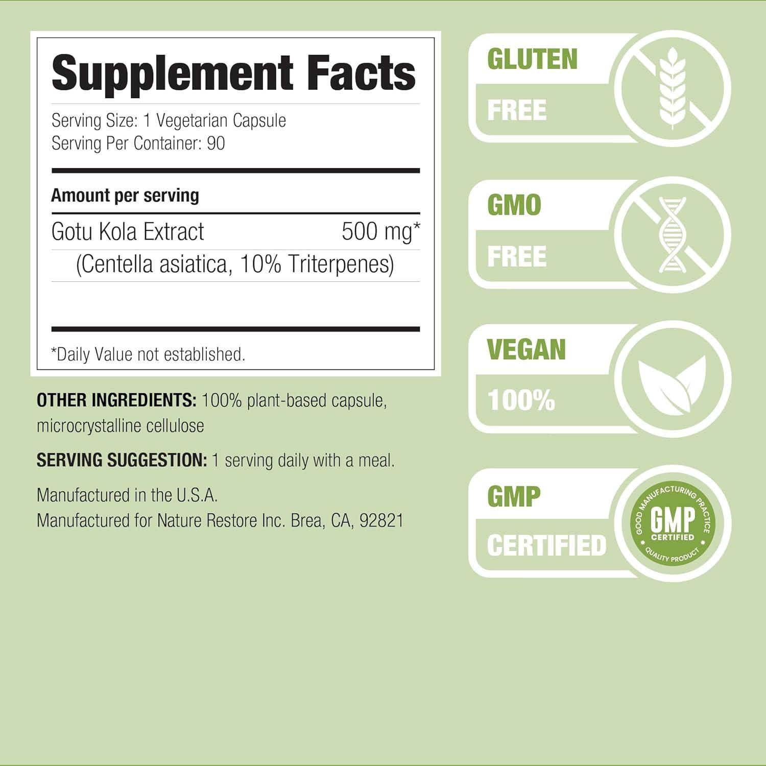 Suplemento Gotu Kola Nature Restore 500mg 90 Cápsulas Vegano