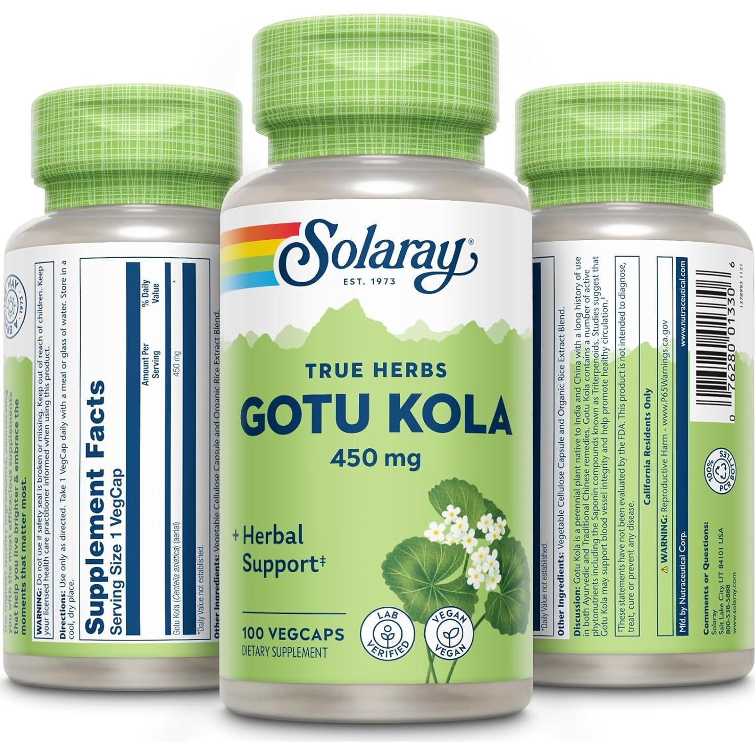 Suplemento Gotu Kola Solaray 450 mg | 100 VegCaps Vegano