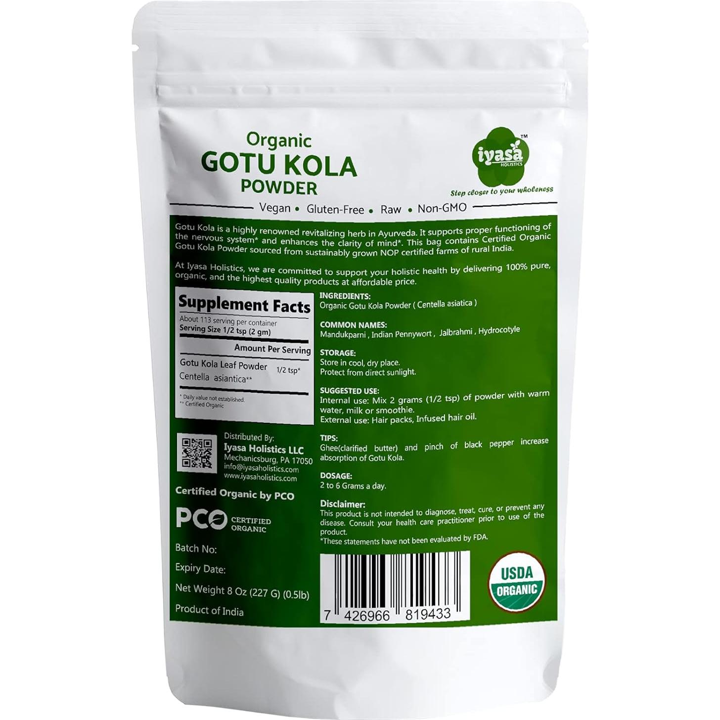 Polvo de Gotu Kola Orgánico Iyasa Holistics 226 g - Centella Asiática