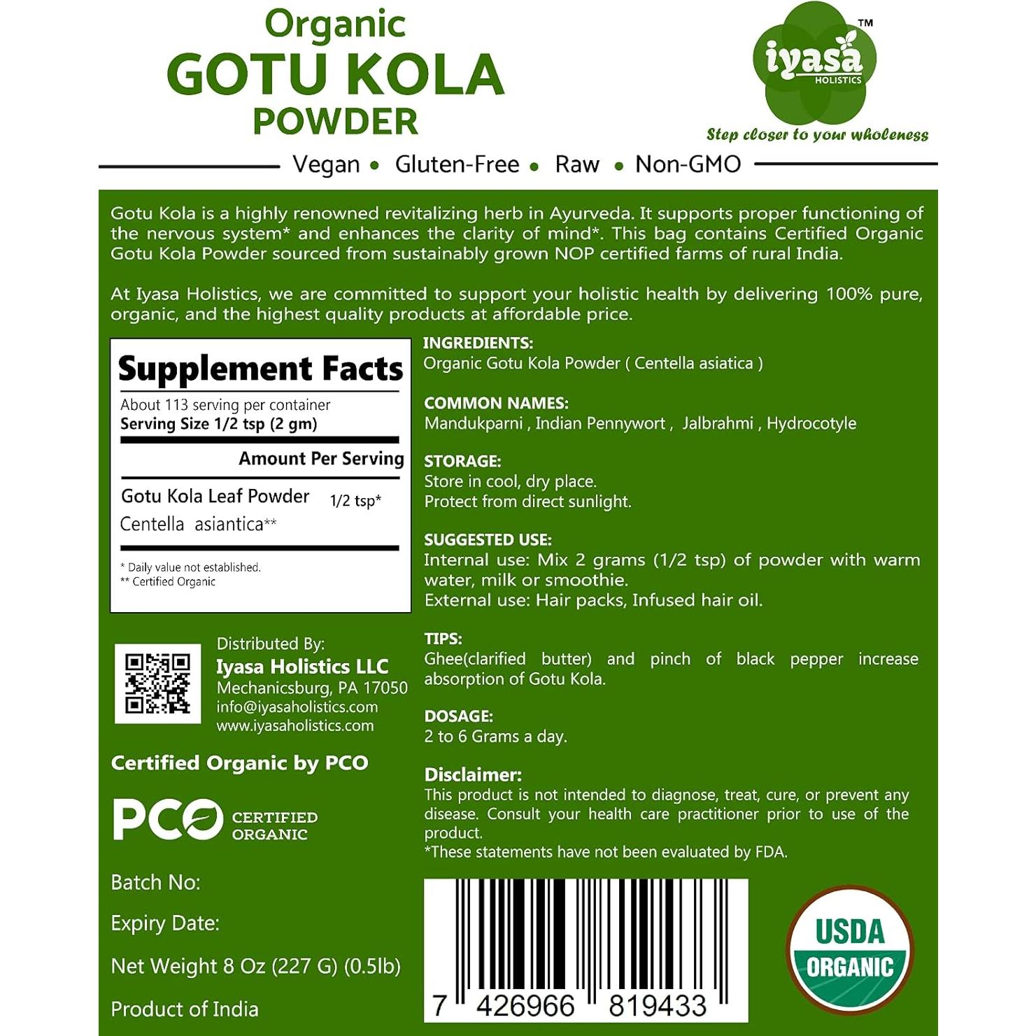 Polvo de Gotu Kola Orgánico Iyasa Holistics 226 g - Centella Asiática