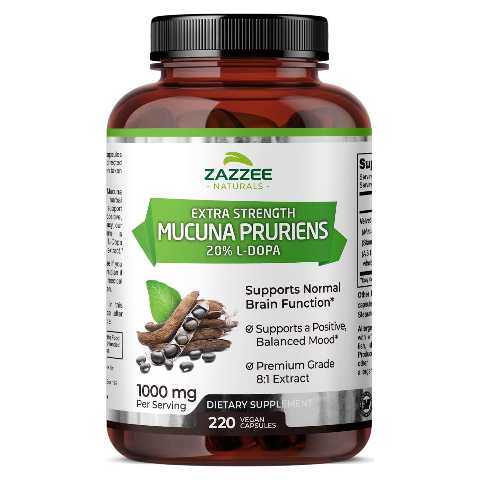 Zazzee Extracto de Mucuna Pruriens 1000 mg 220 Cápsulas Veganas