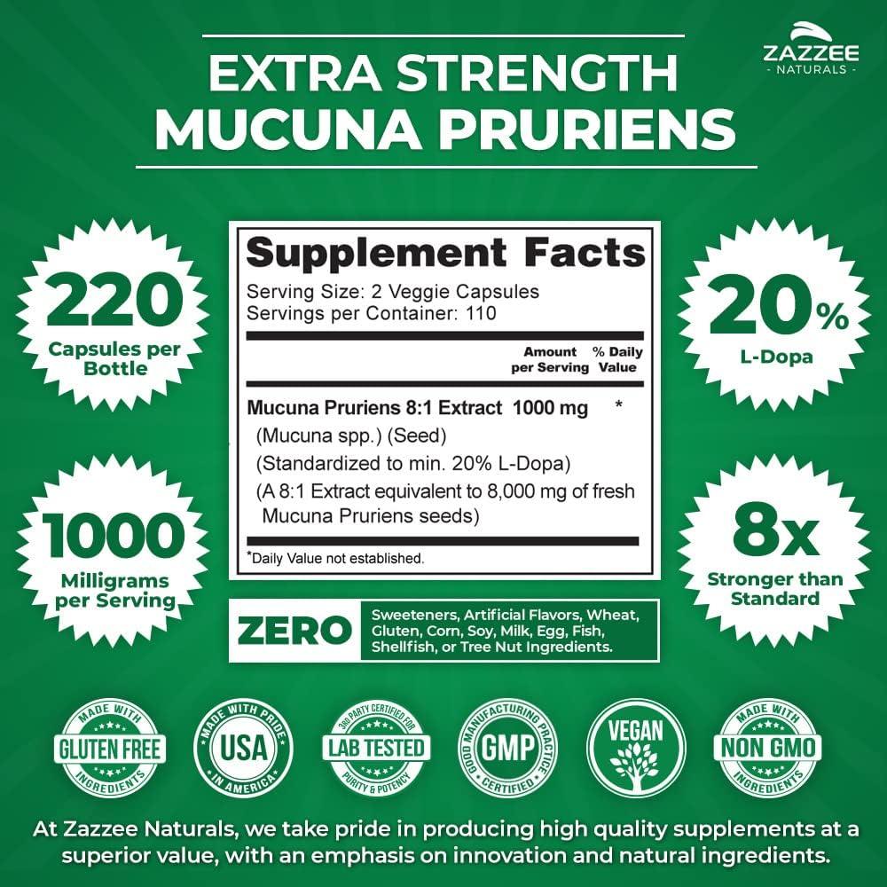 Zazzee Extracto de Mucuna Pruriens 1000 mg 220 Cápsulas Veganas