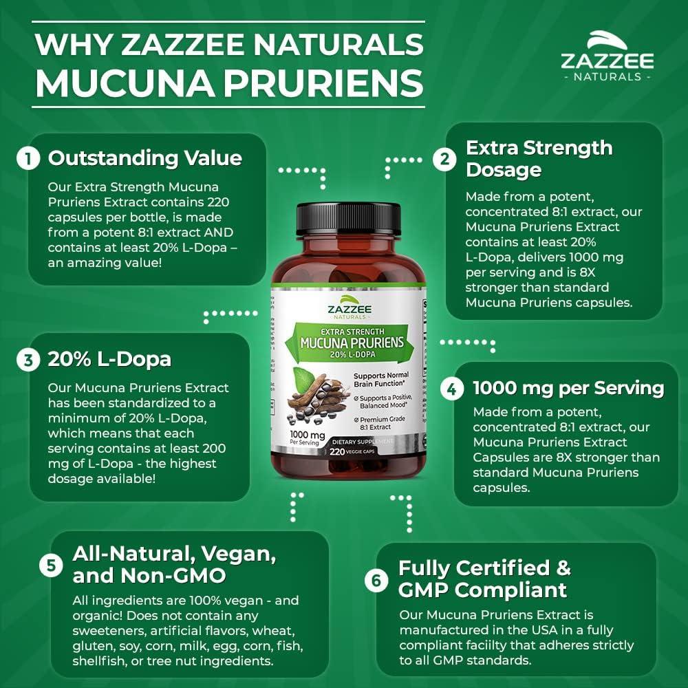 Zazzee Extracto de Mucuna Pruriens 1000 mg 220 Cápsulas Veganas