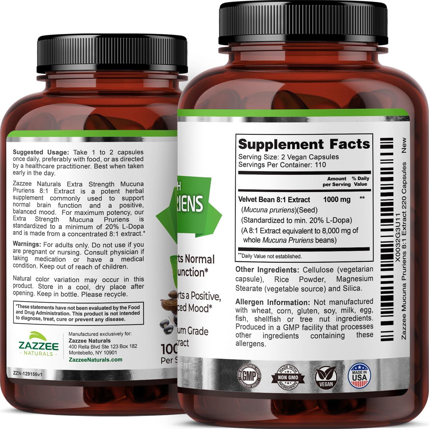 Zazzee Extracto de Mucuna Pruriens 1000 mg 220 Cápsulas Veganas
