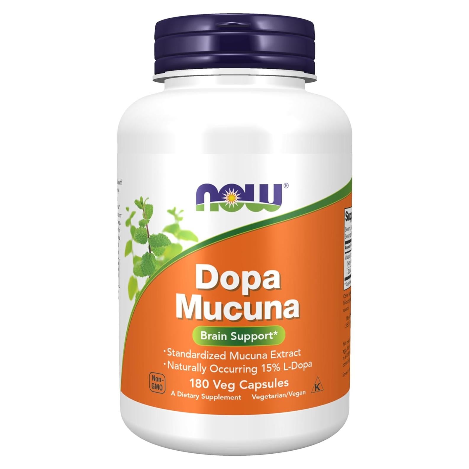 Suplemento DOPA Mucuna NOW Foods 180 Cápsulas Veganas 15% L-Dopa