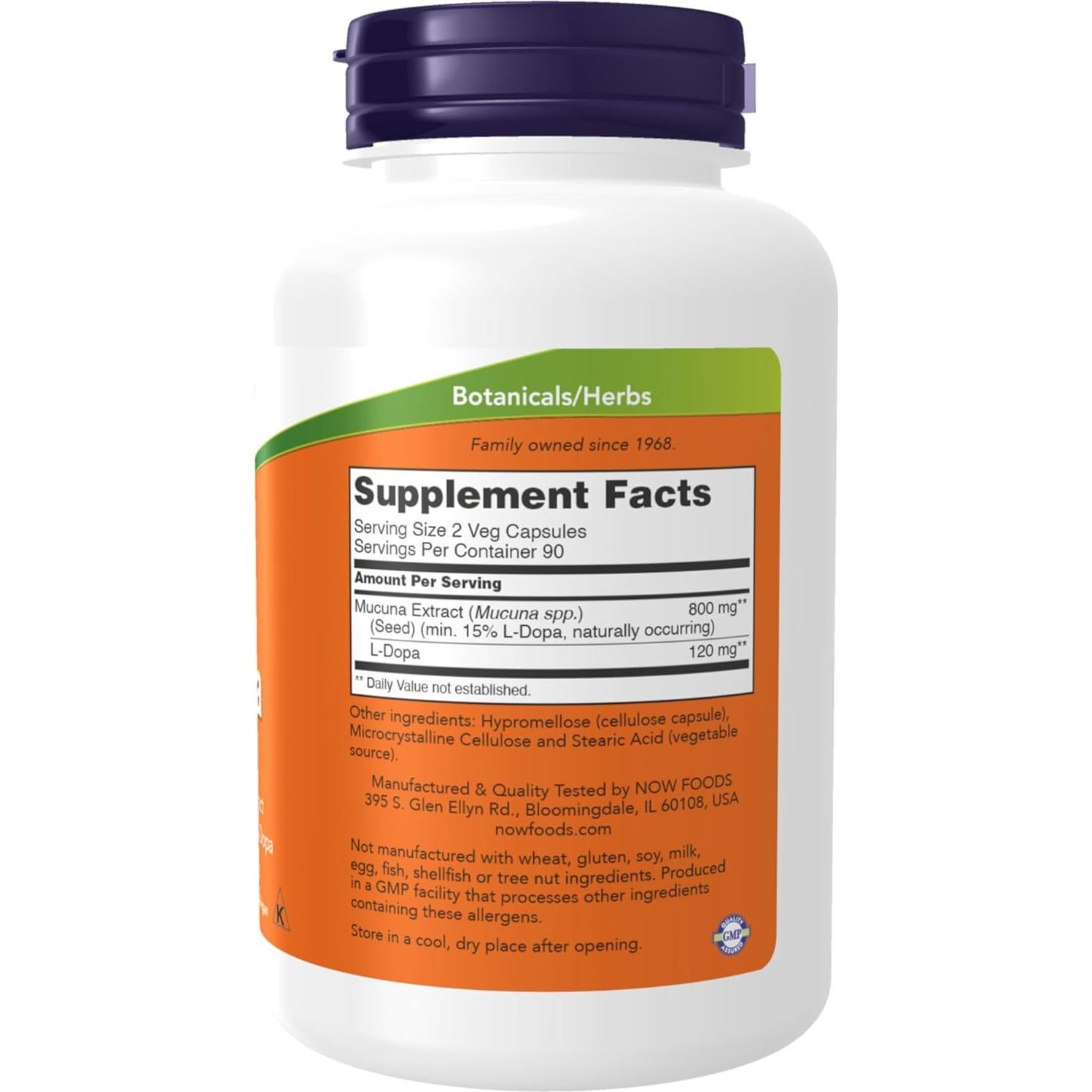 Suplemento DOPA Mucuna NOW Foods 180 Cápsulas Veganas 15% L-Dopa