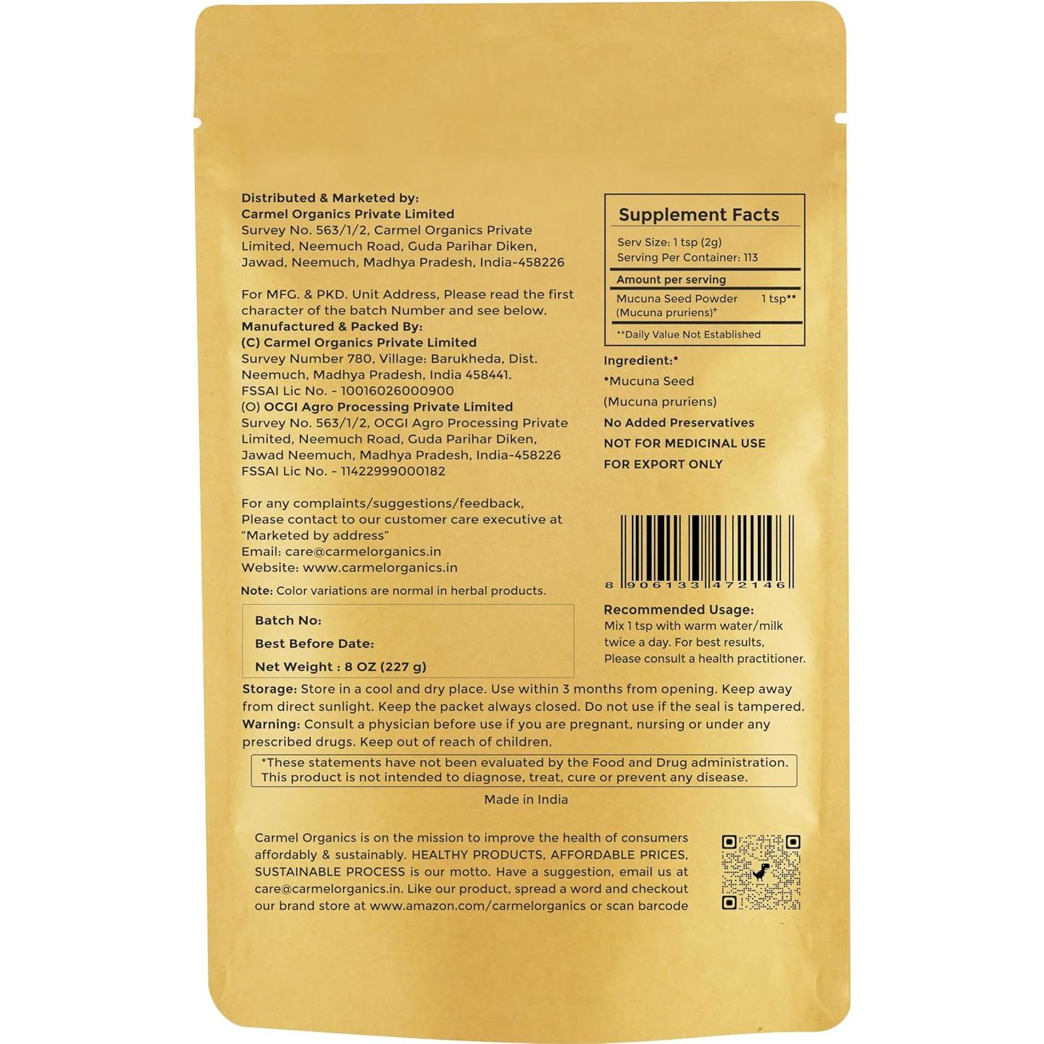 CARMEL ORGANICS Mucuna Pruriens Polvo 227g Sin GMO Kosher