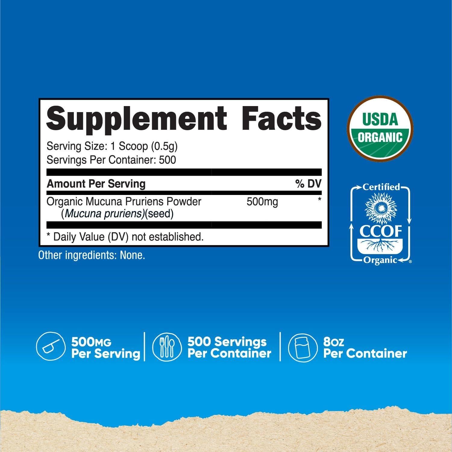 Polvo de Mucuna Pruriens Orgánico Nutricost 250g - 500 Porciones