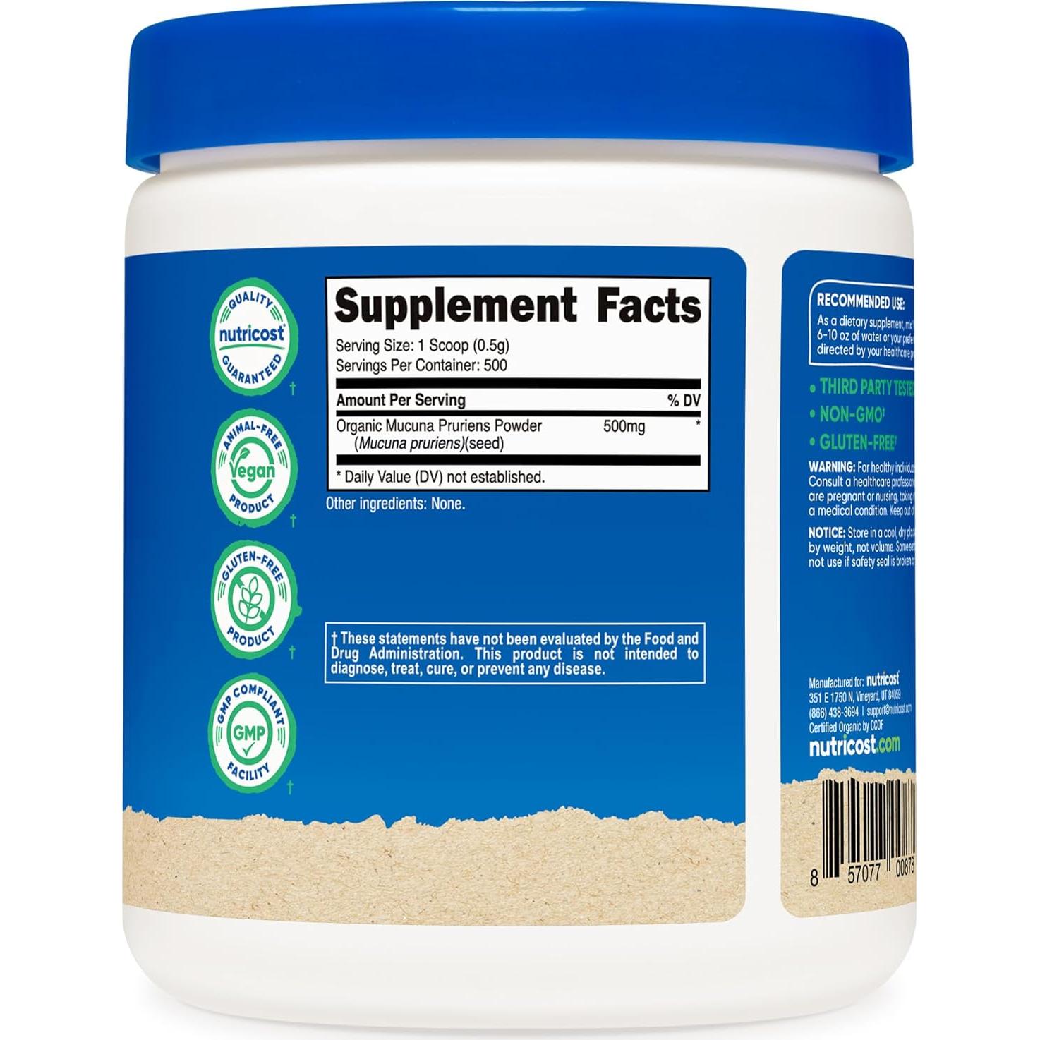 Polvo de Mucuna Pruriens Orgánico Nutricost 250g - 500 Porciones