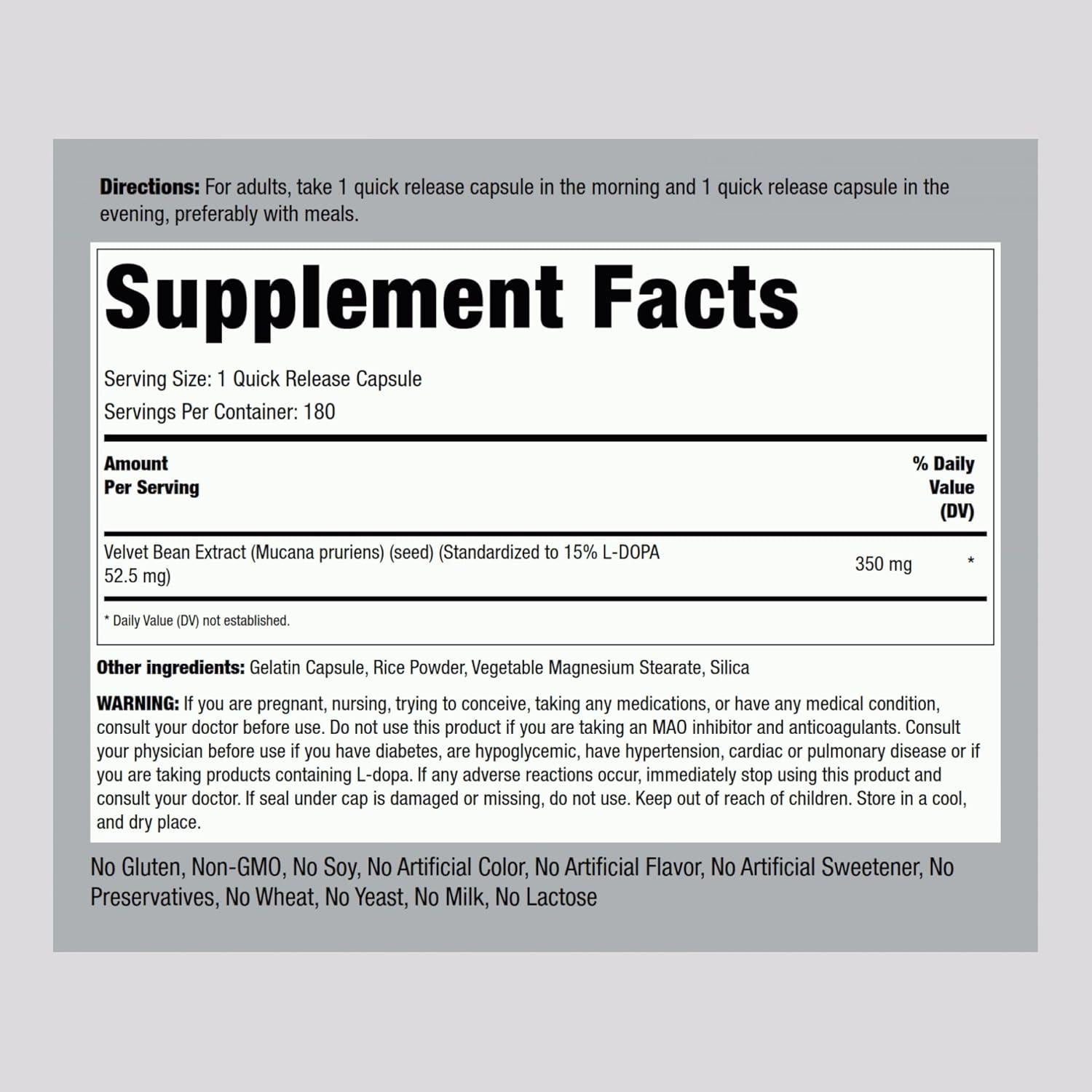 Cápsulas DOPA Mucuna Piping Rock 180 Unidades 15% L-DOPA