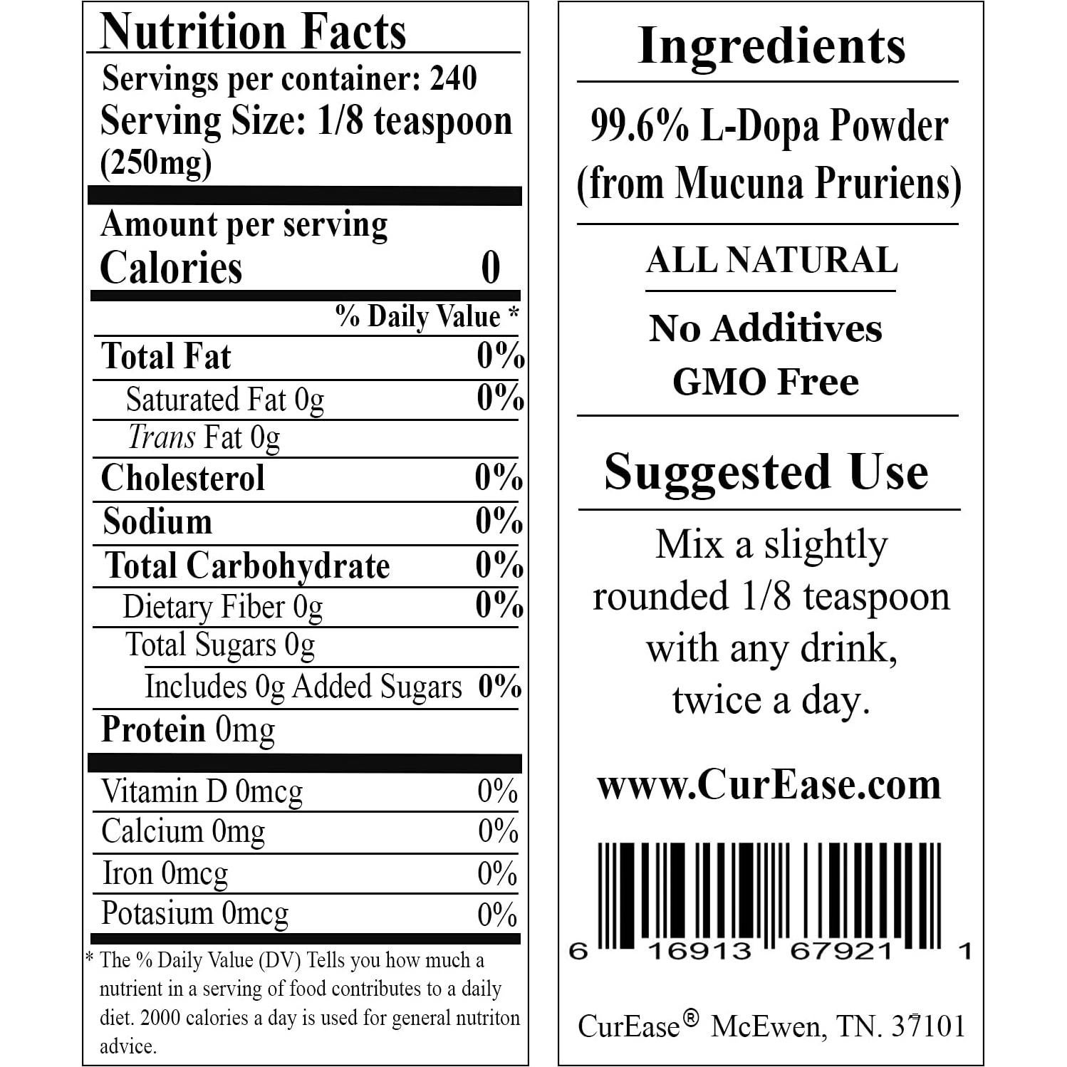 Polvo de L-Dopa 99% CurEase - Extracto Mucuna Pruriens 120g