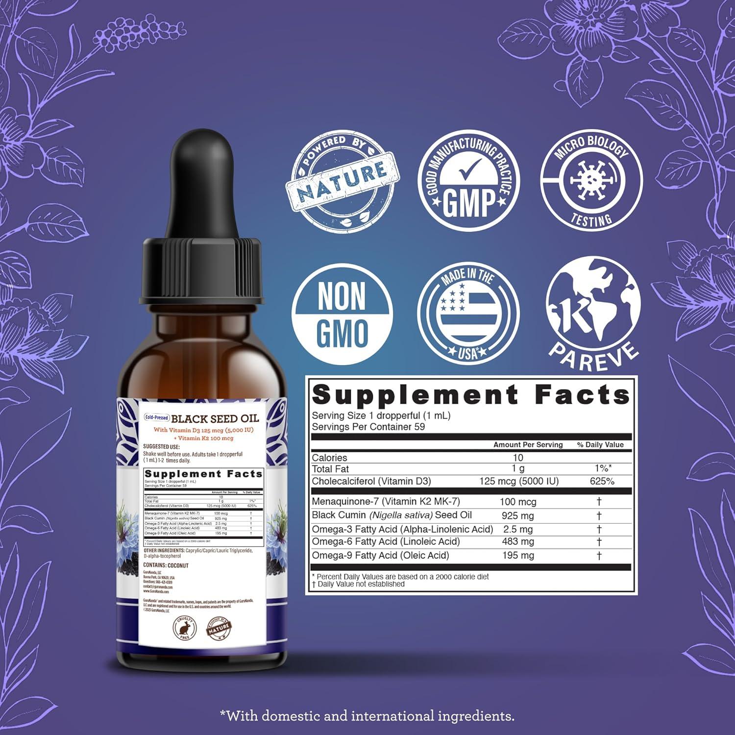 Aceite de Semilla Negra GuruNanda 59 ml - Vitamina D3 y K2