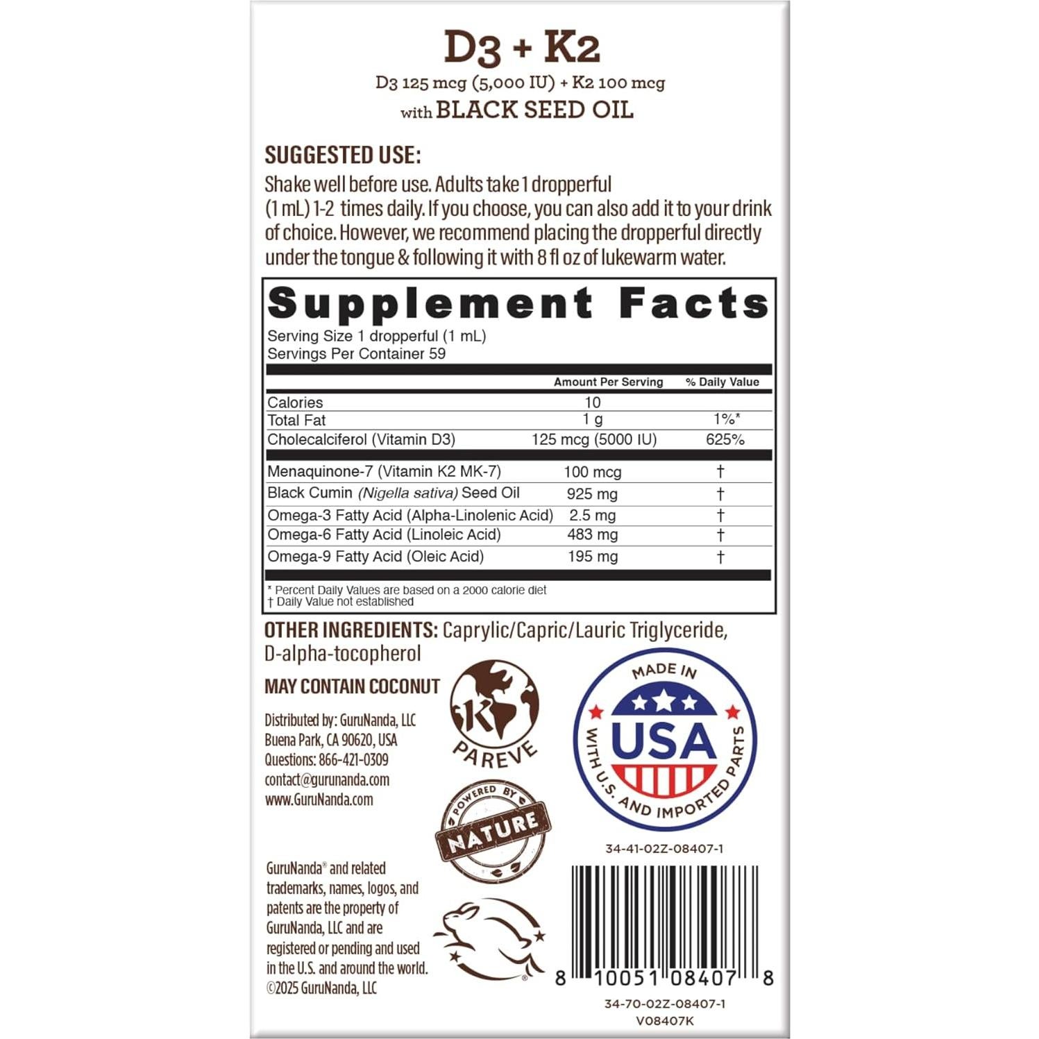 Aceite de Semilla Negra GuruNanda 59 ml - Vitamina D3 y K2