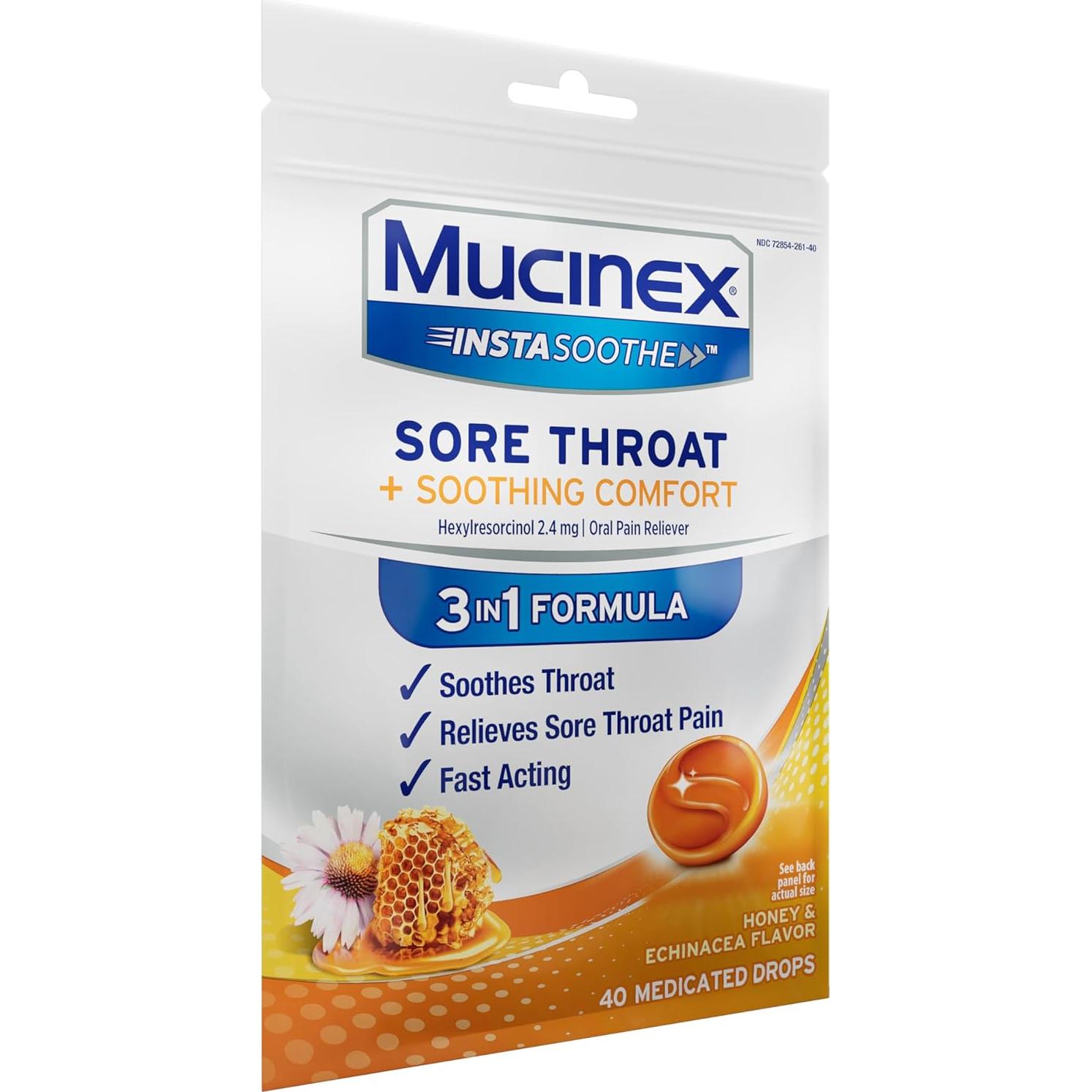 Gotas Mucinex Instasoothe Alivio Garganta Sore Miel 40 ct