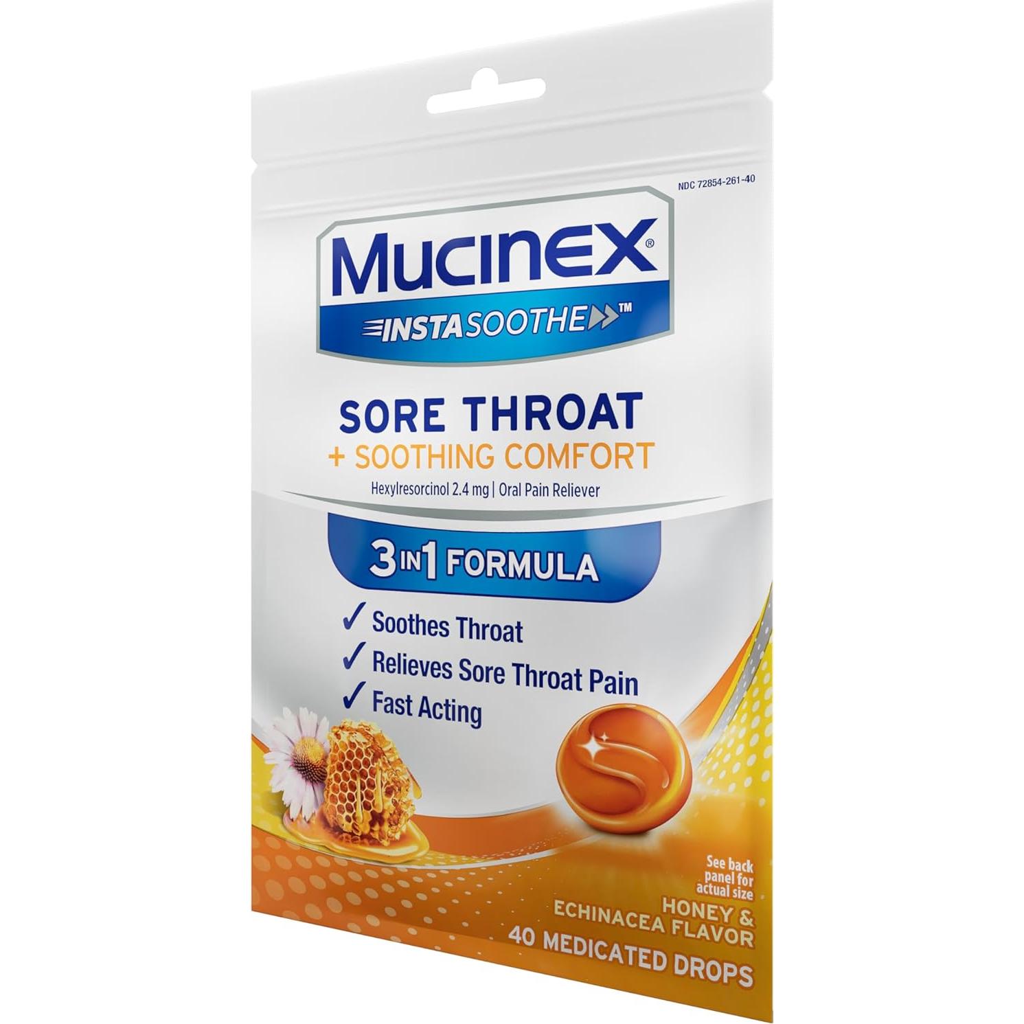 Gotas Mucinex Instasoothe Alivio Garganta Sore Miel 40 ct