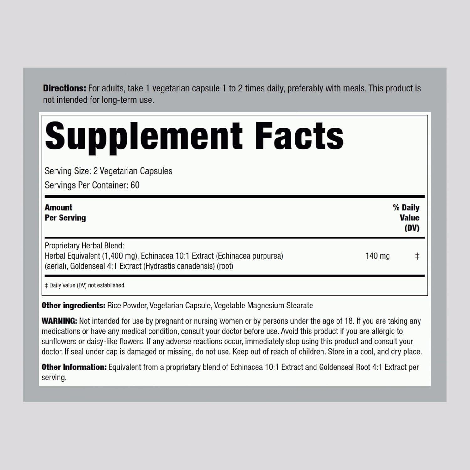 Cápsulas de Echinacea Goldenseal Piping Rock 1400mg 120 Unidades
