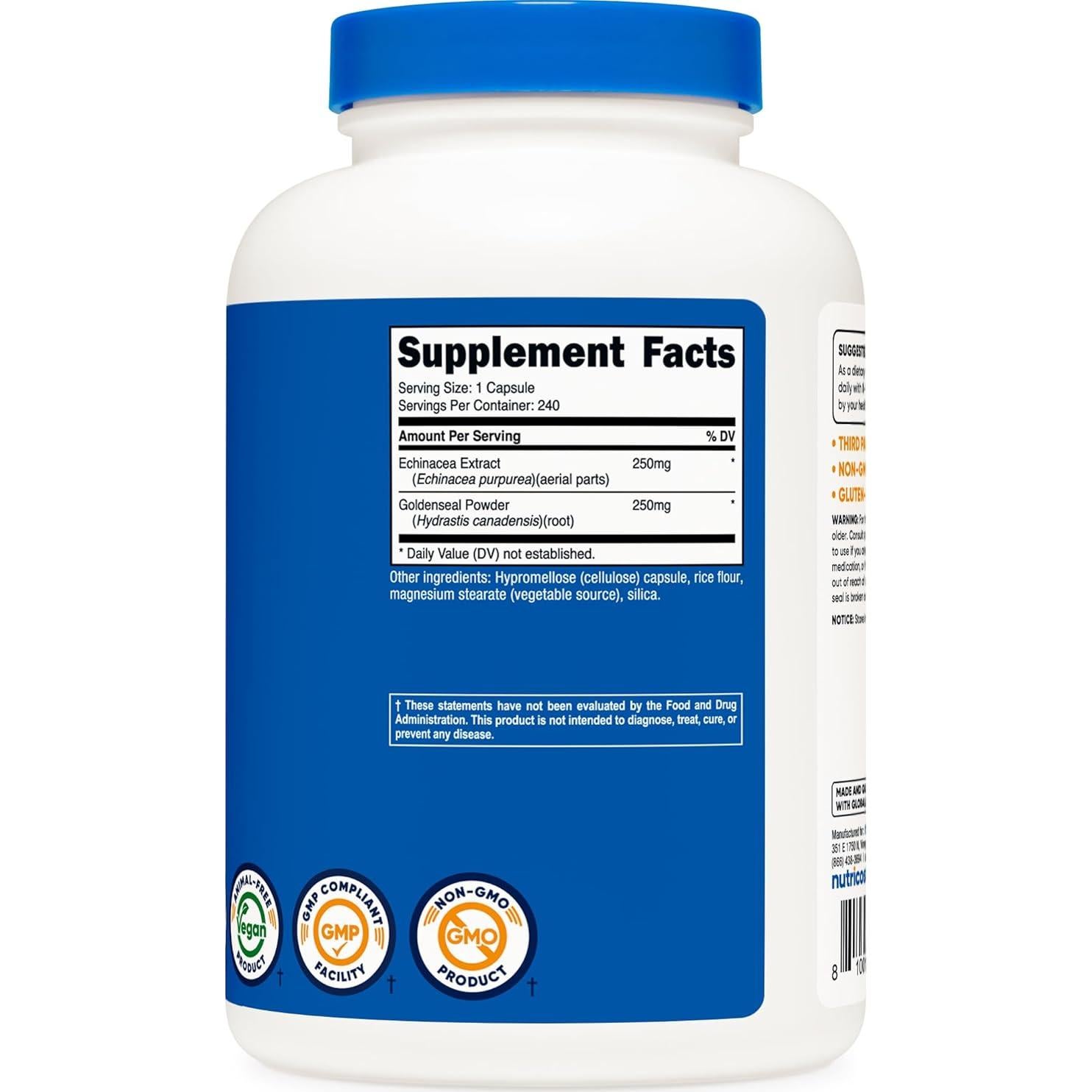 Suplemento Nutricost Equinácea y Sello Dorado 500mg 240 Cápsulas