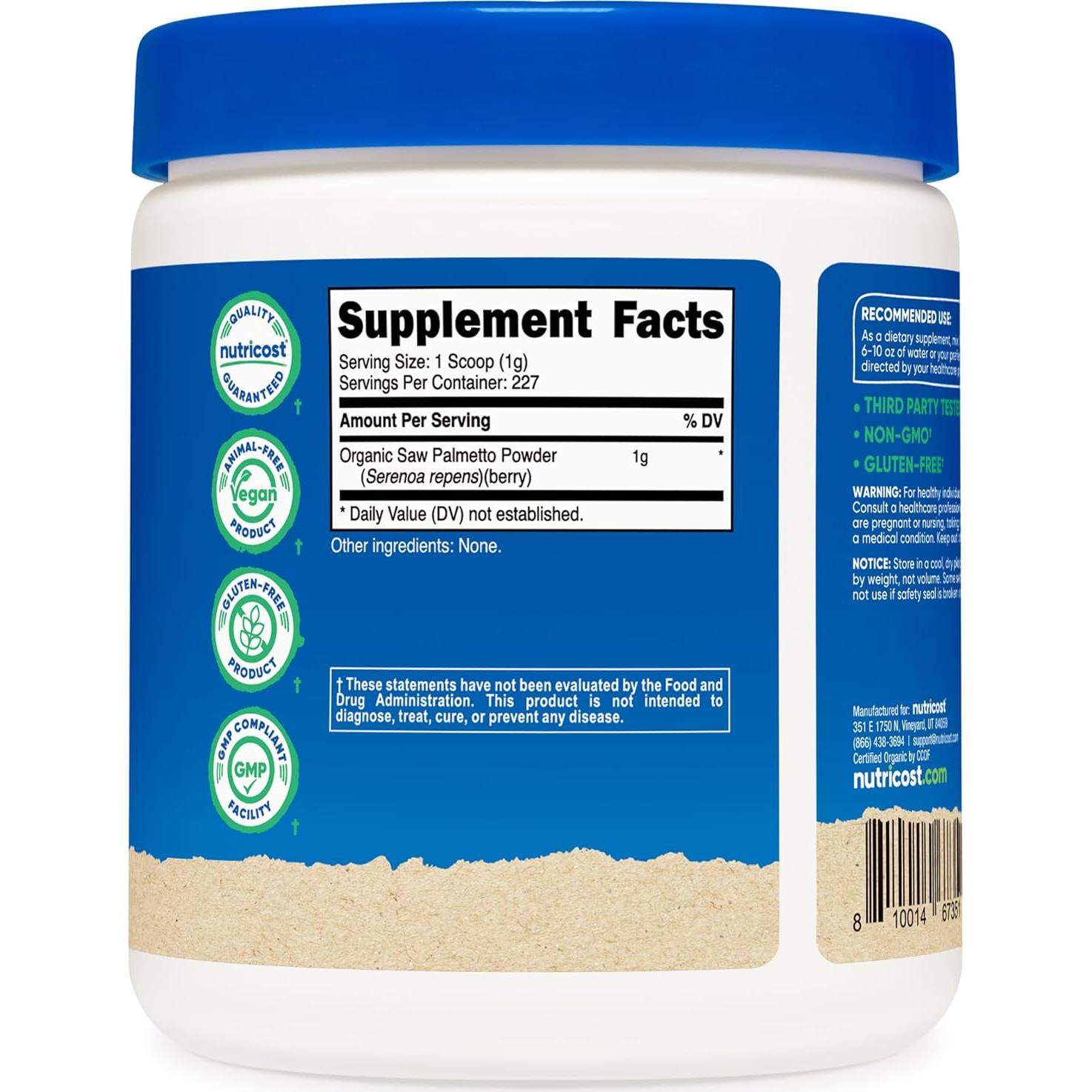 Polvo de Palma Enana Orgánica Nutricost 227g - Certificado USDA