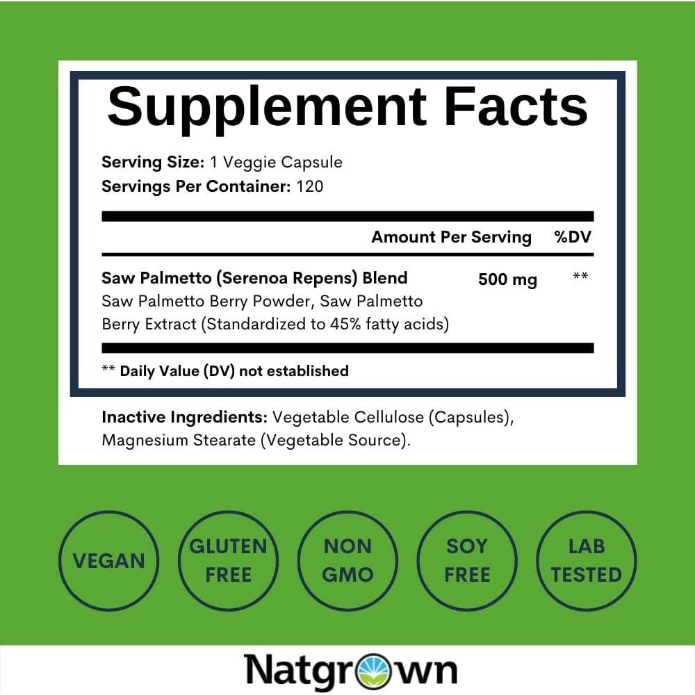 Suplemento de Saw Palmetto Natgrown 500mg - 120 Cápsulas Veganas
