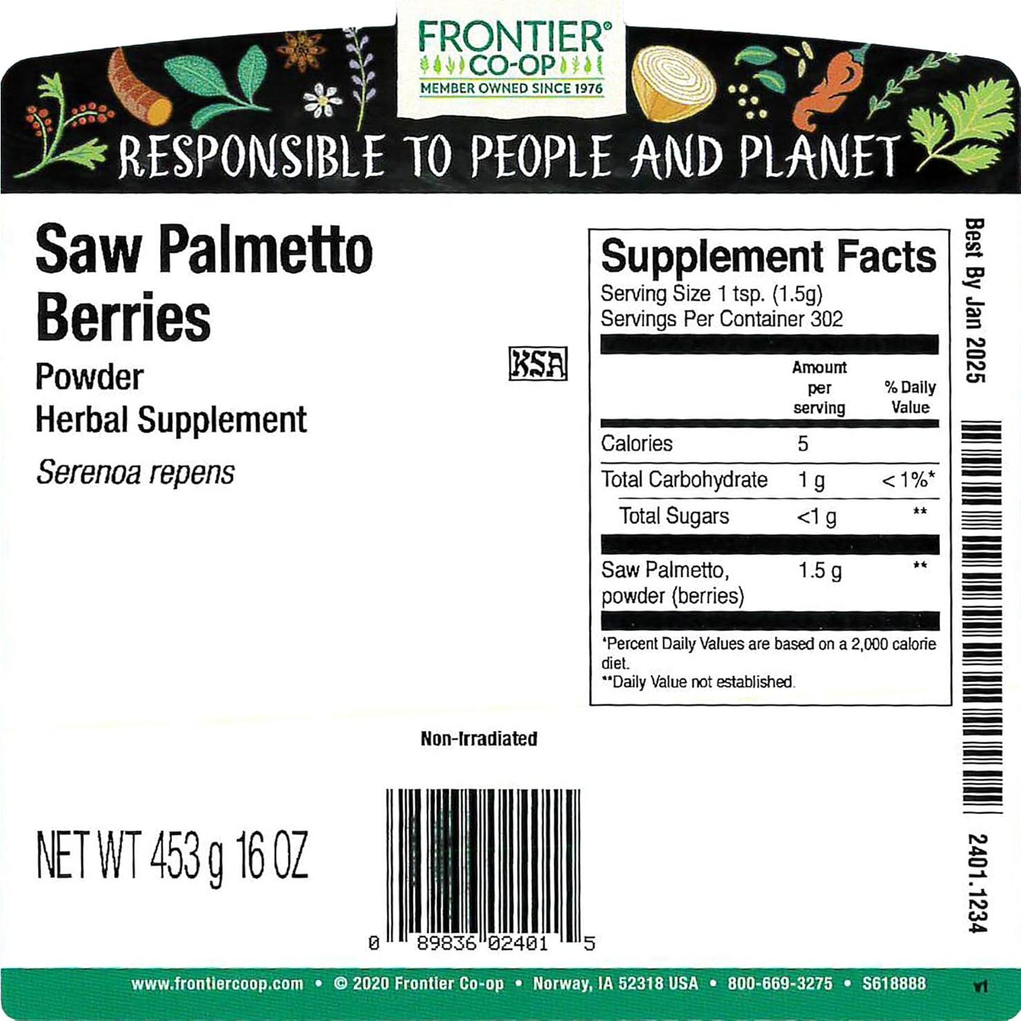 Polvo de Bayas de Saw Palmetto Frontier 0.45 kg Salud Prostática