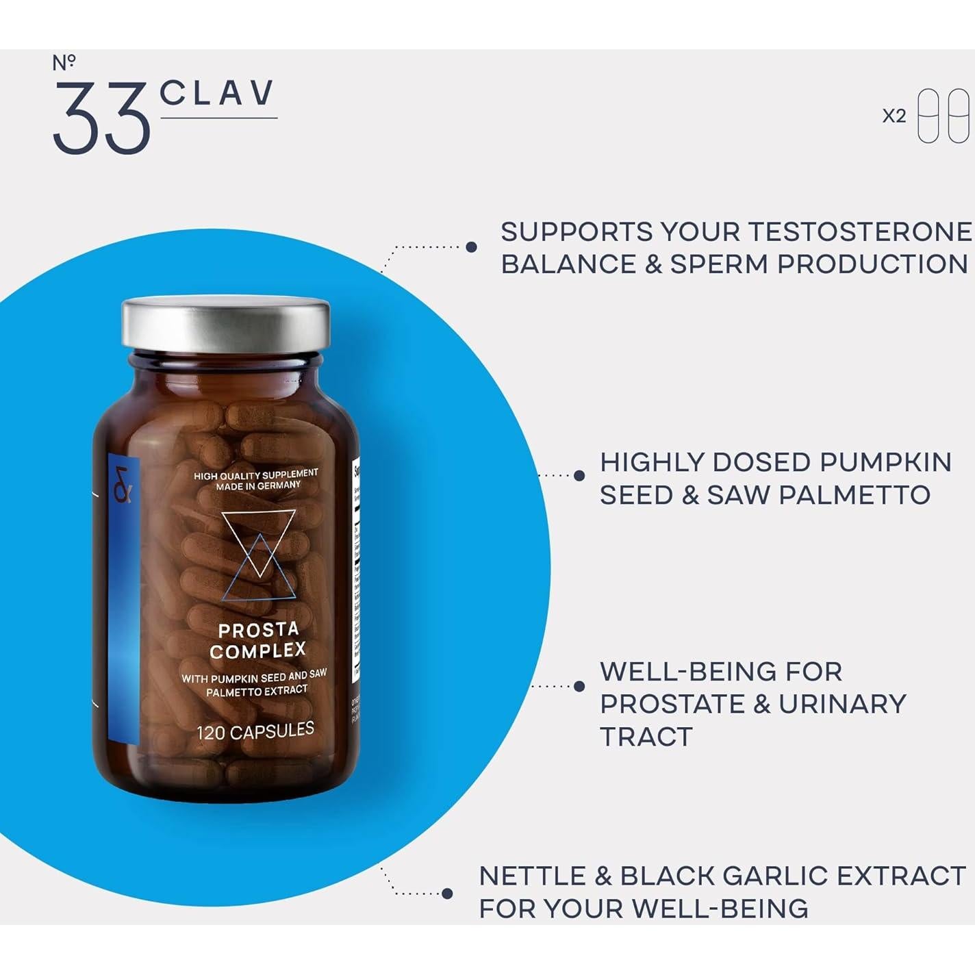 Suplemento Prostático CLAV con Saw Palmetto y Zinc - 120 Cápsulas