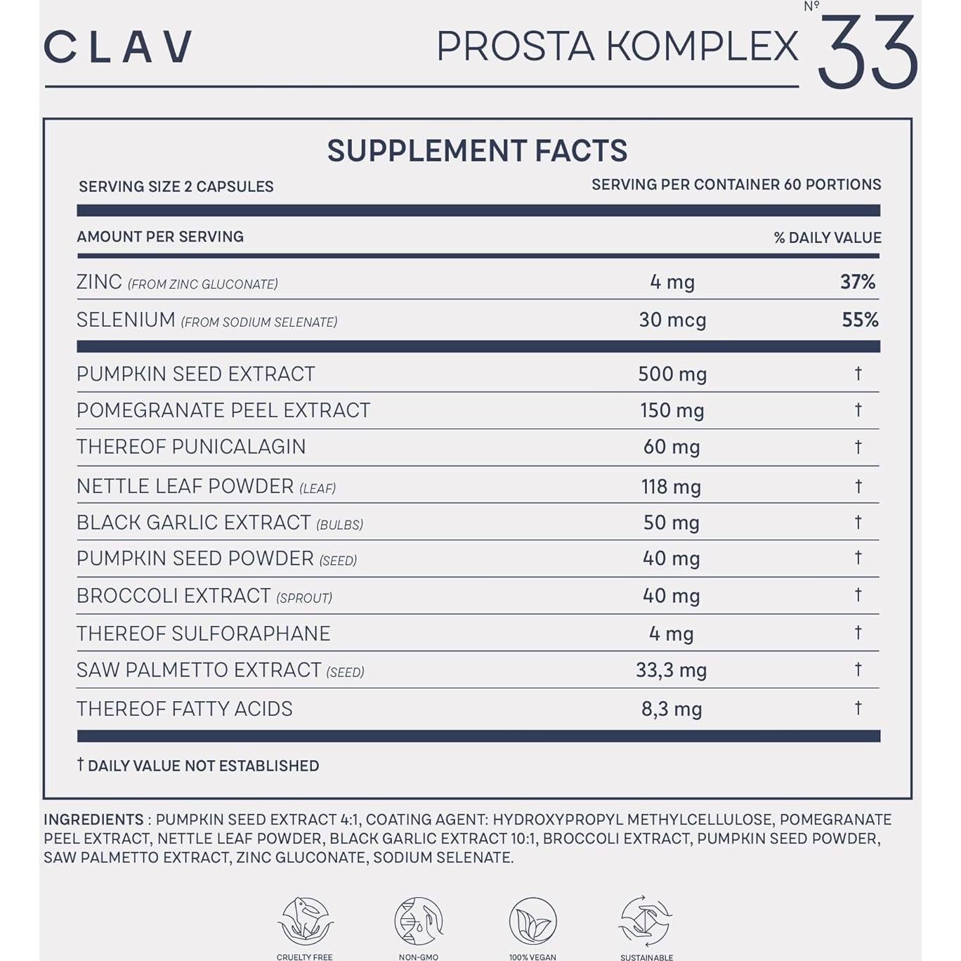 Suplemento Prostático CLAV con Saw Palmetto y Zinc - 120 Cápsulas