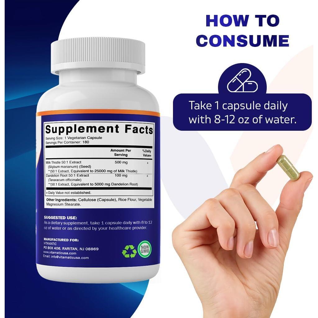 Extracto de Cardo Mariano 500mg y Diente de León 100mg 180 Cápsulas Vitamatic