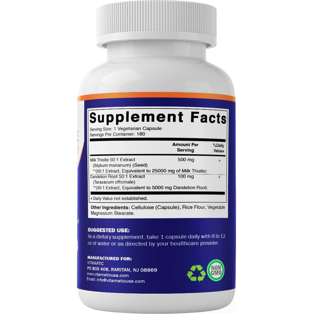 Extracto de Cardo Mariano 500mg y Diente de León 100mg 180 Cápsulas Vitamatic