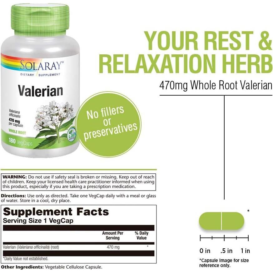 Solaray Valerian Root - Natural Valerian Root Capsules for Adults and Kids, Herbal Supplement for Support, 470 mg Per Pill - 180 Vegan Capsules