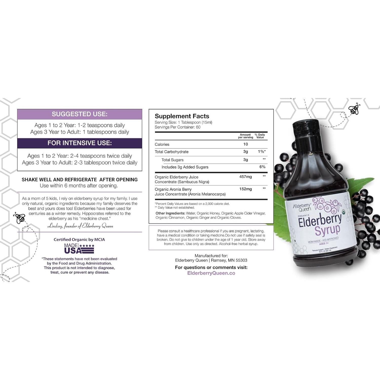 Jarabe de Saúco Orgánico Elderberry Queen 887 ml - Soporte Inmunológico