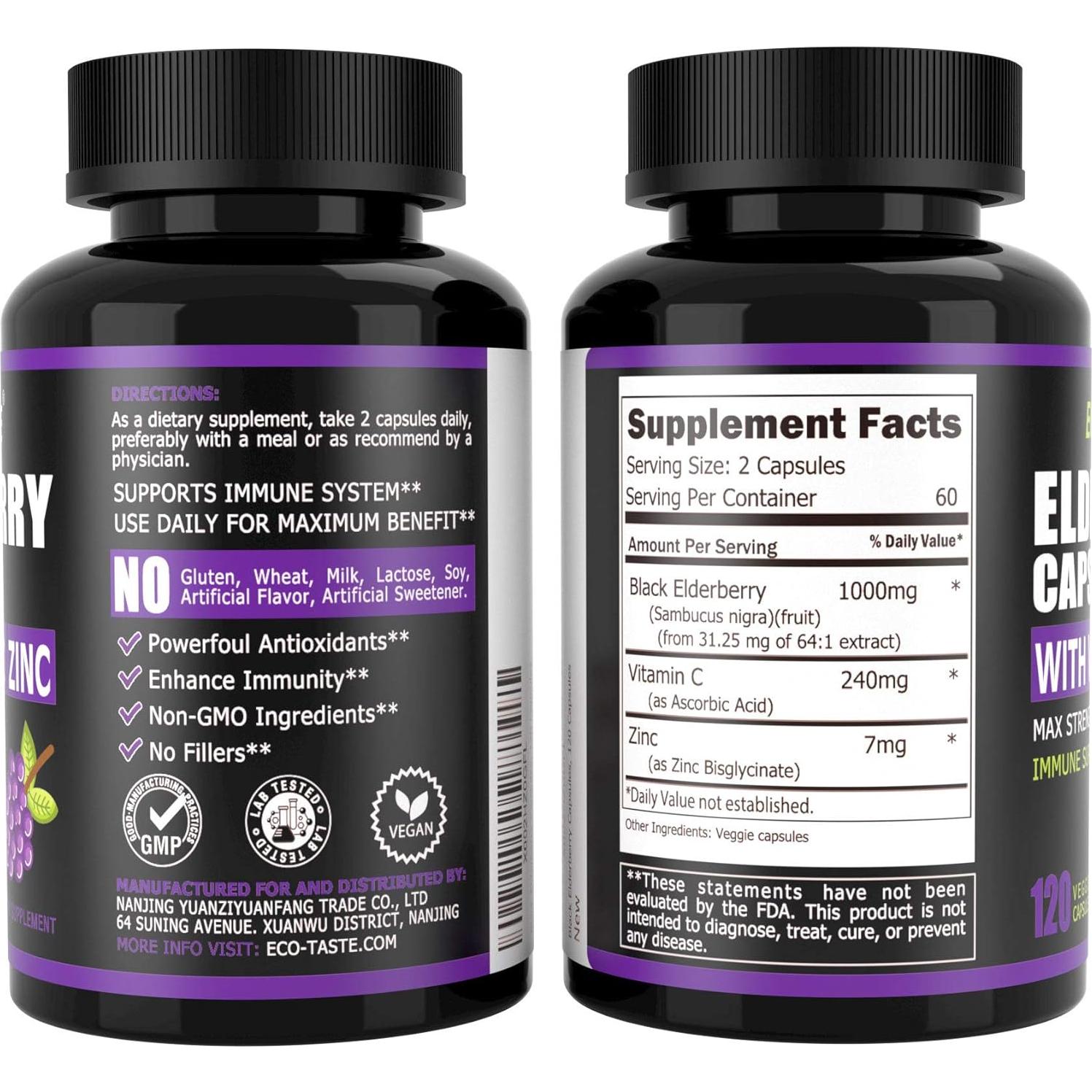 Cápsulas de Saúco ECO-TASTE con Zinc y Vitamina C - 120 Unidades