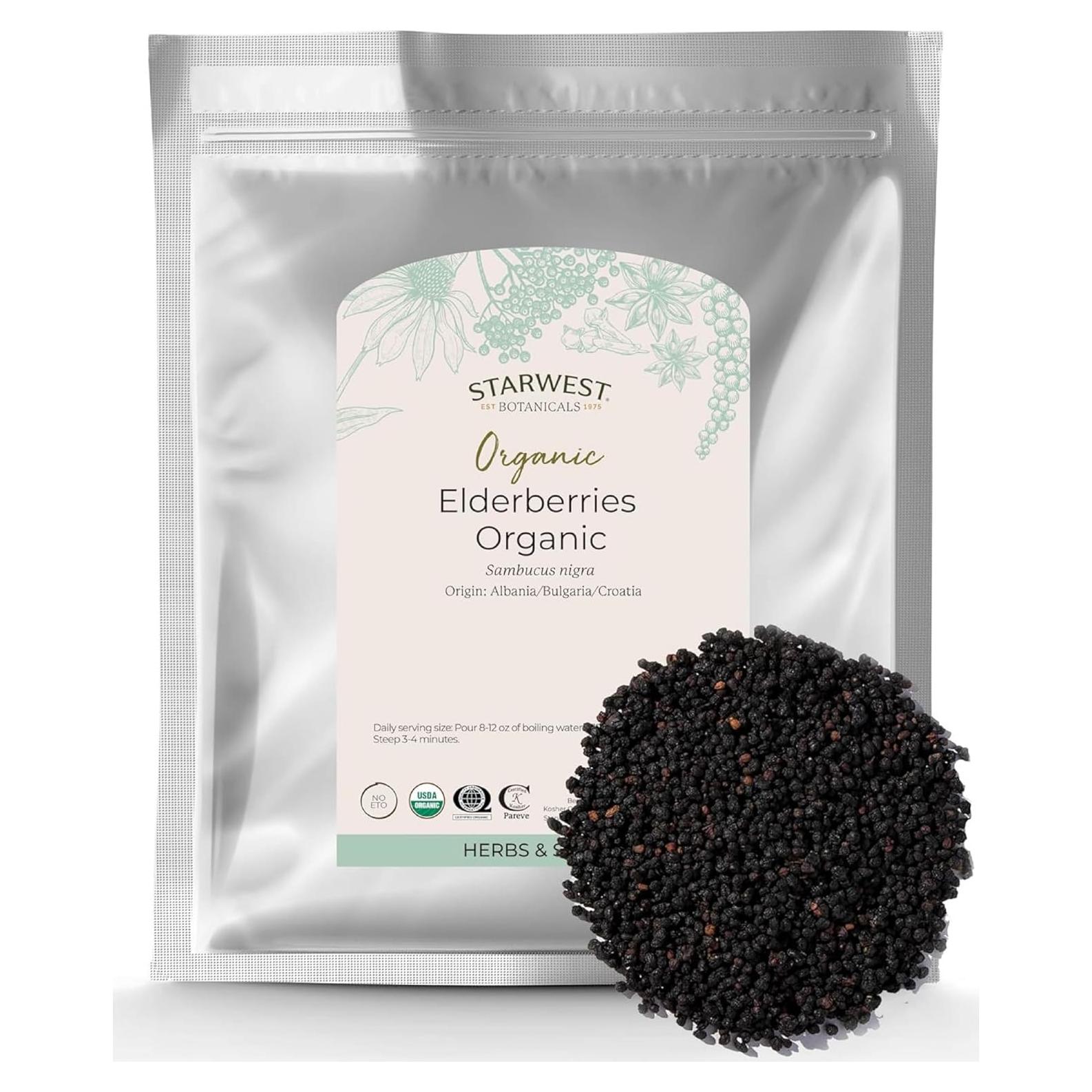 Elderberries Orgánicos Starwest Botanicals 0.91 kg - Secas para Jarabe, Té y Mermelada
