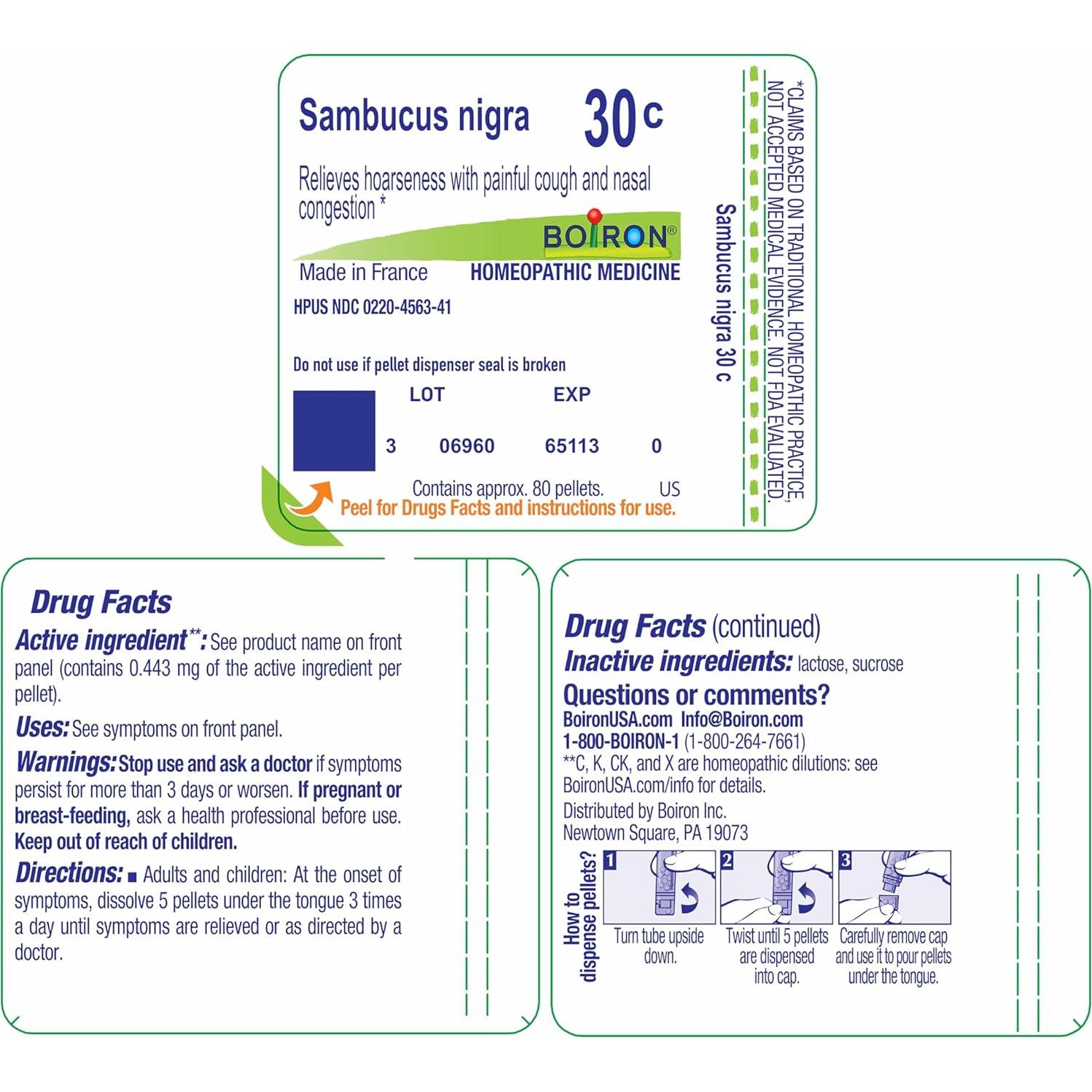Boiron Sambucus Nigra 30C Homeopatía para Ronquera y Tos - 80 Gránulos