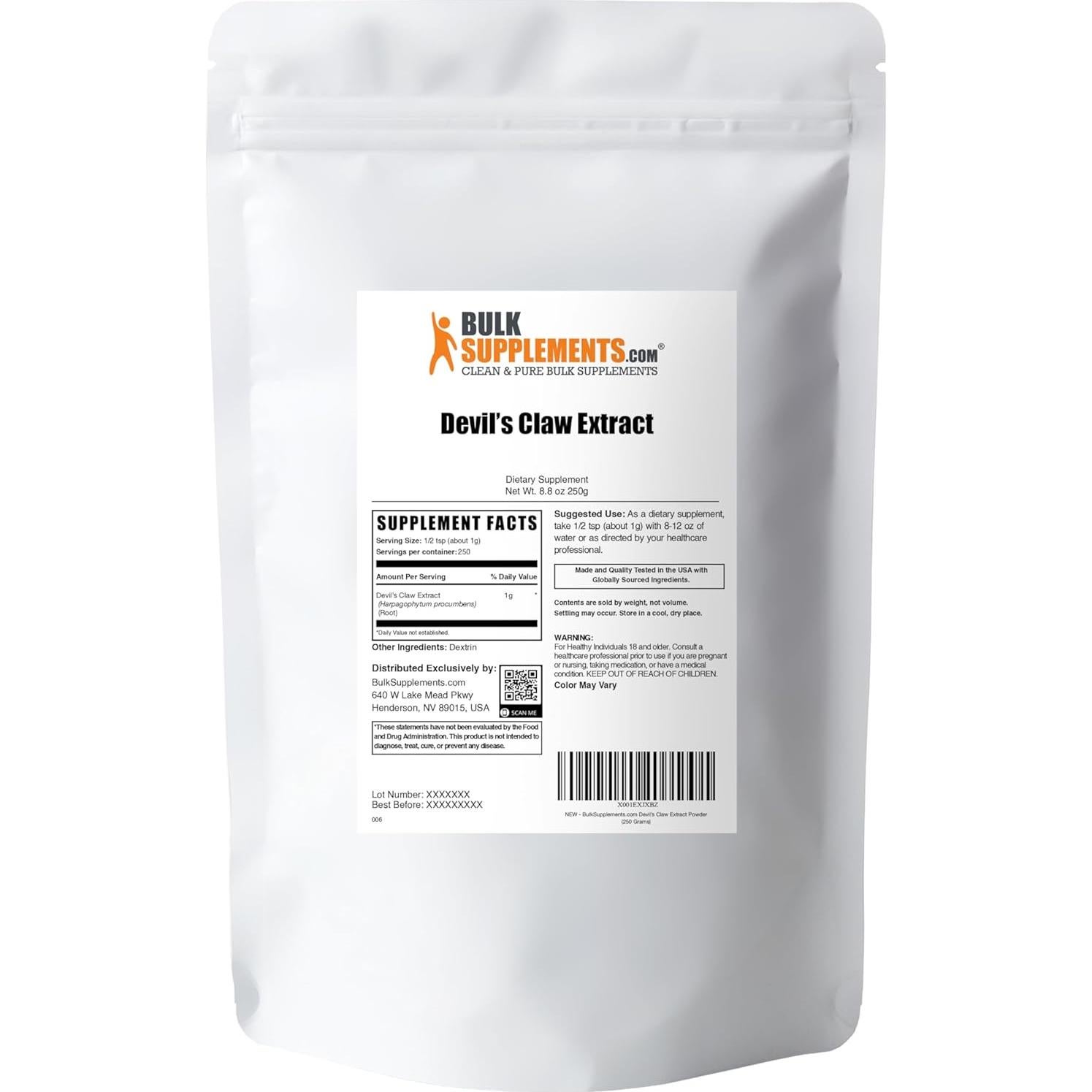 Polvo de Extracto de Garra del Diablo BulkSupplements 250g Vegano