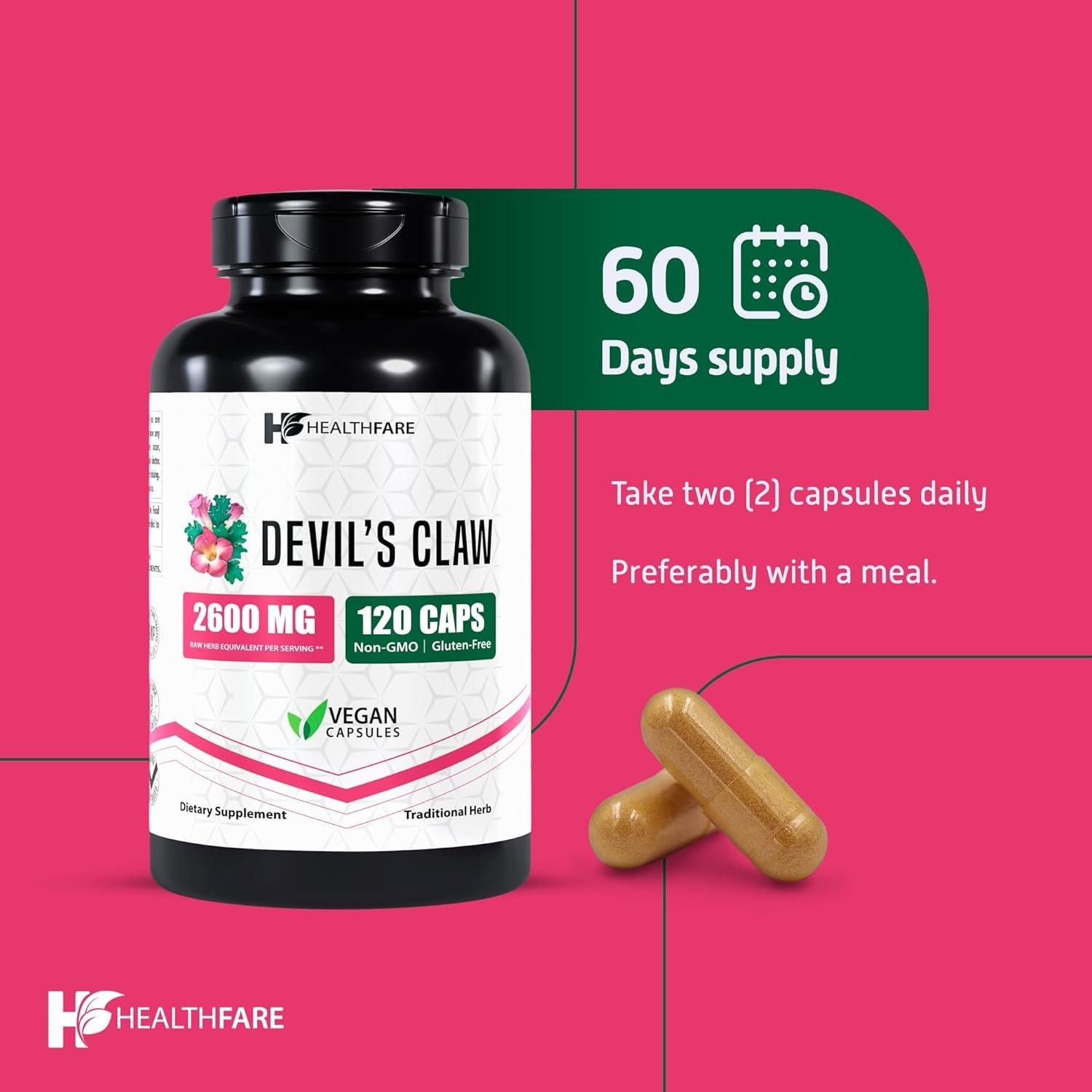 Suplemento Herbal HealthFare Garra del Diablo 2600mg 120 Cápsulas Veganas