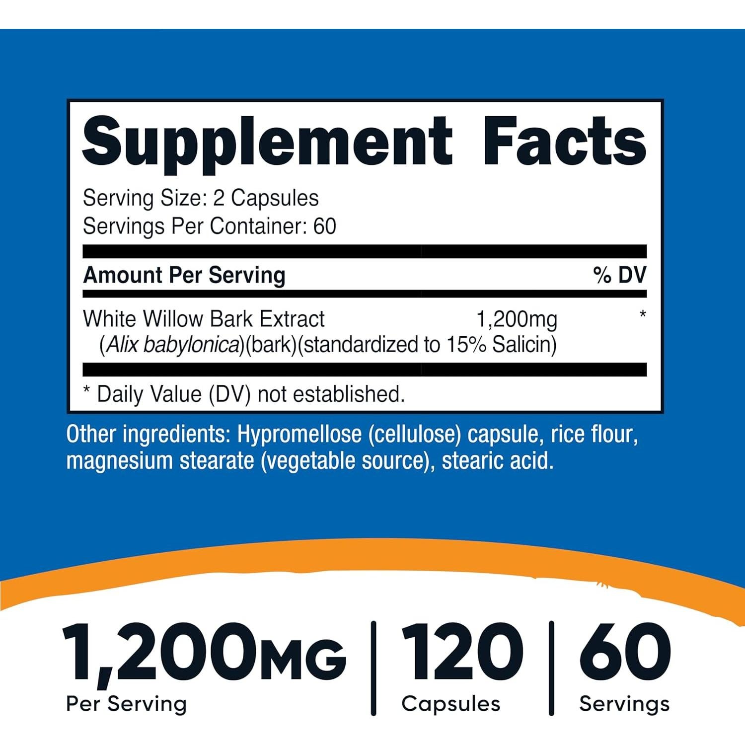 Cápsulas de Corteza de Sauce Blanco Nutricost 1200 mg 120 Unidades