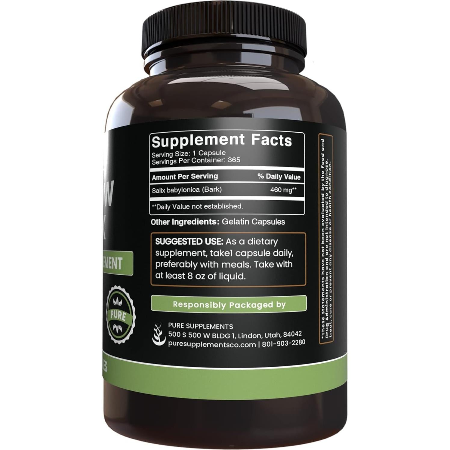 Cápsulas de Extracto de Corteza de Sauce Pure Original 365 Unidades