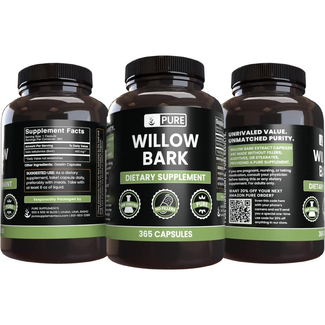 Cápsulas de Extracto de Corteza de Sauce Pure Original 365 Unidades