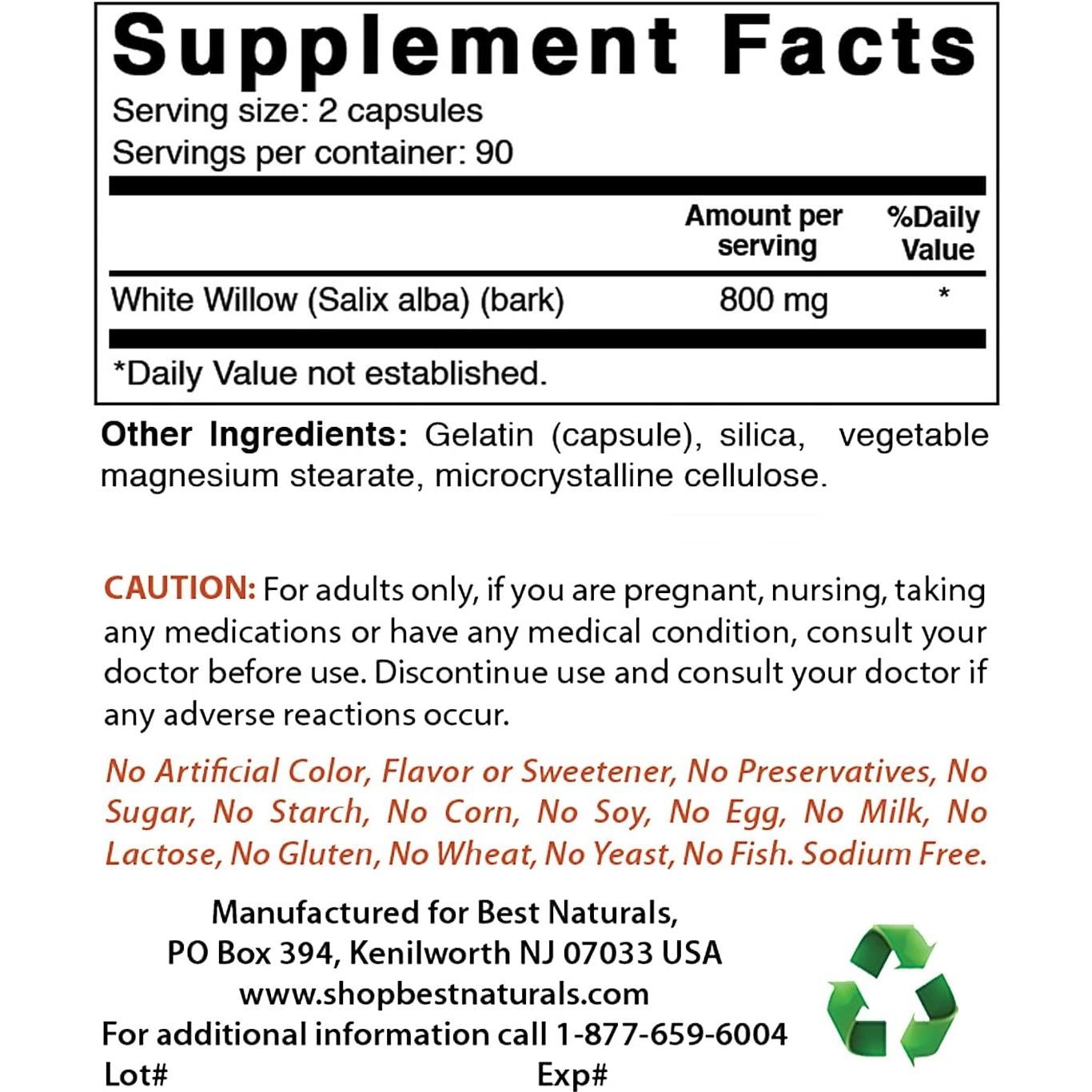 Cápsulas de Corteza de Sauce Blanco 400 mg - 180 Unidades