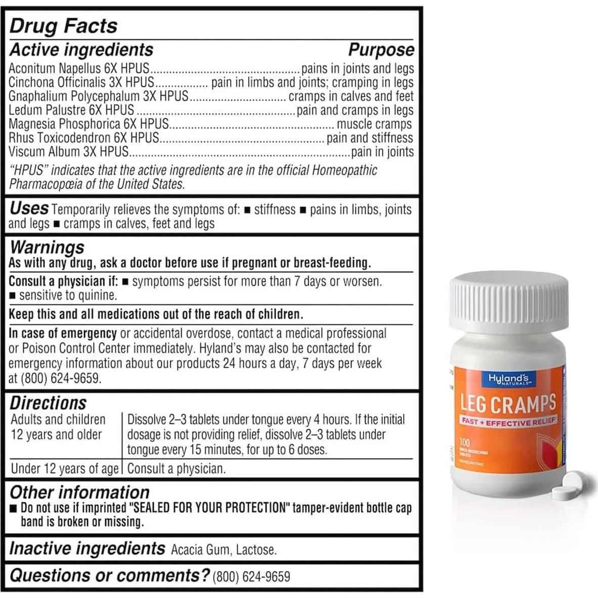 Tabletas para Calambres en Piernas Hyland 100 Unidades Alivio Natural